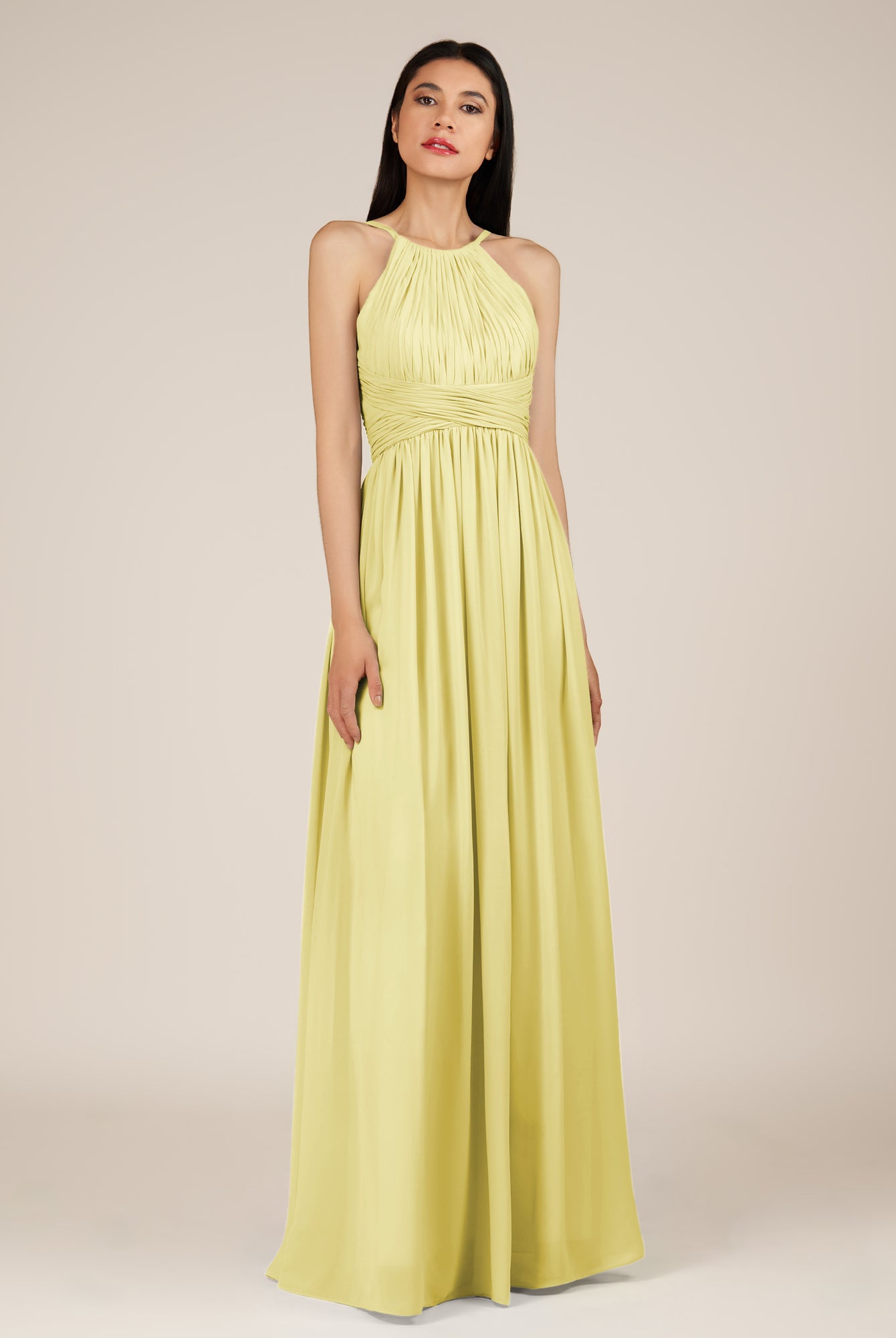 KissDress-Orinthia Buttercup A Line Halter Neck Chiffon Long Bridesmaid Dress with Pleats