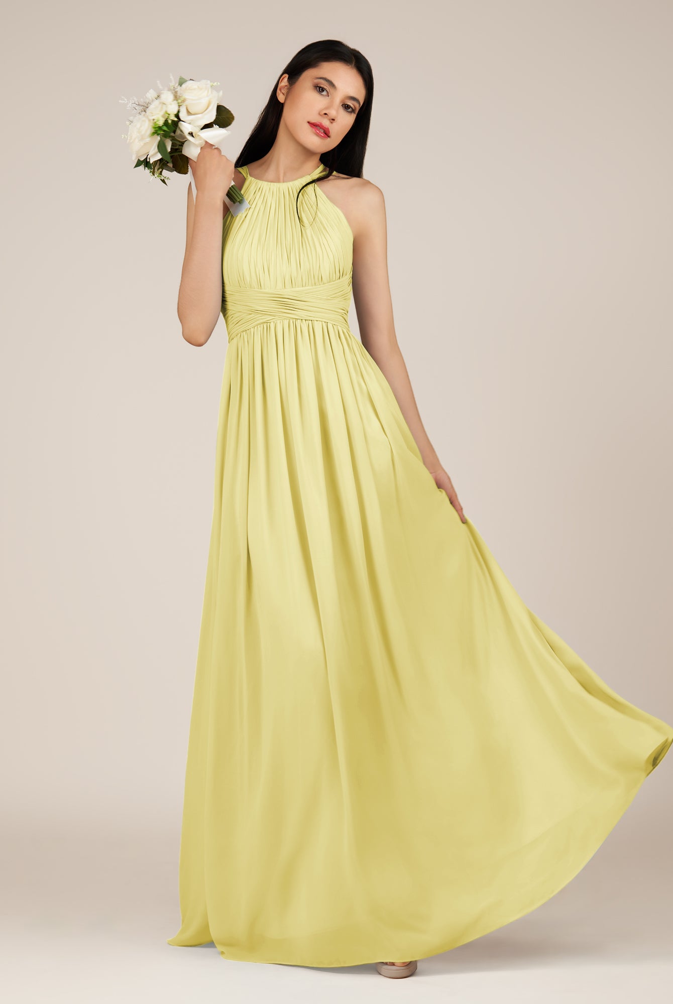 KissDress-Orinthia Buttercup A Line Halter Neck Chiffon Long Bridesmaid Dress with Pleats