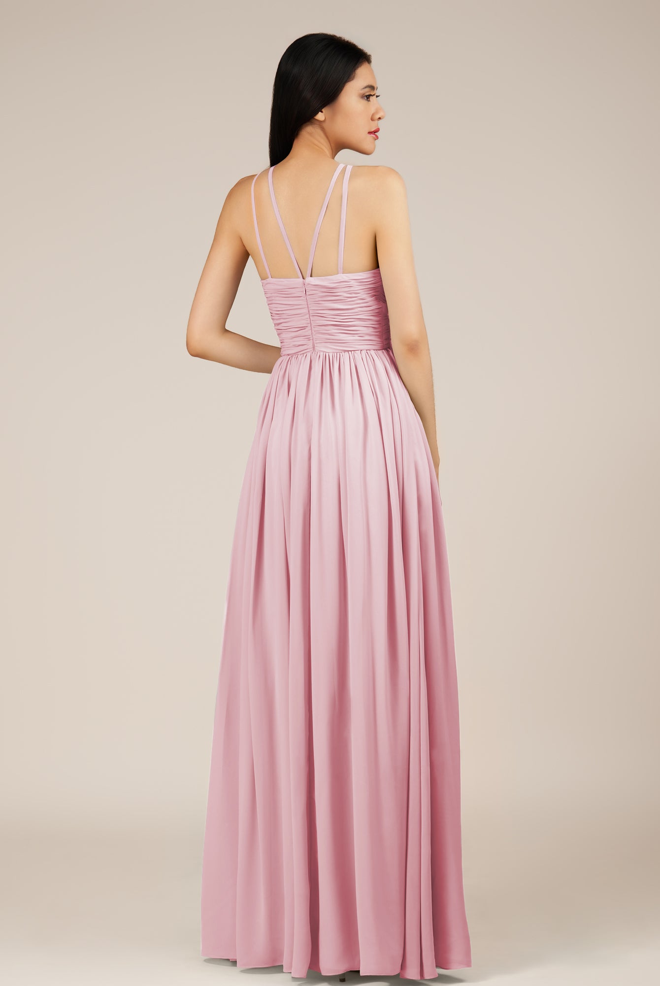 KissDress-Orinthia Candy Pink A Line Halter Neck Chiffon Long Bridesmaid Dress with Pleats