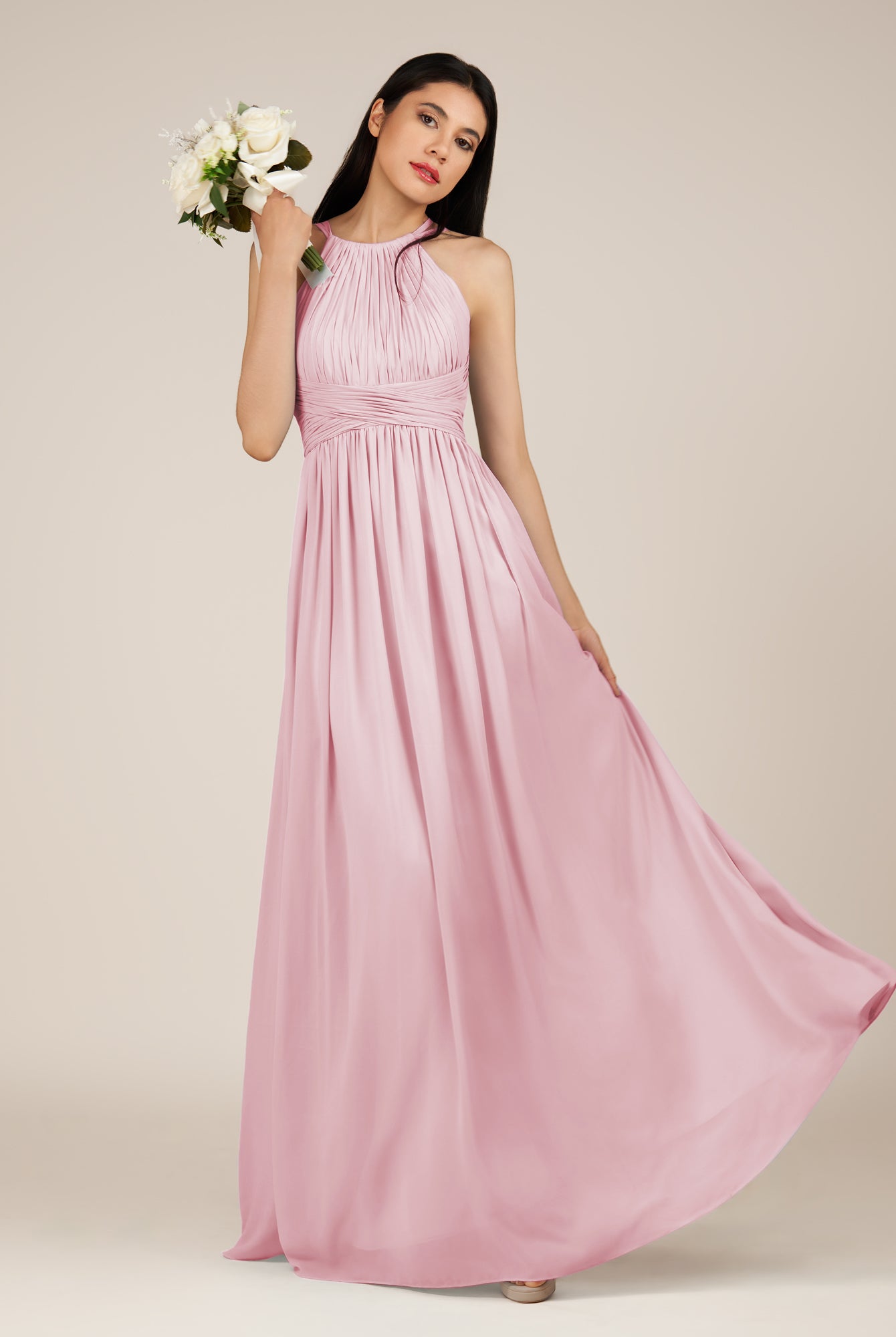 KissDress-Orinthia Candy Pink A Line Halter Neck Chiffon Long Bridesmaid Dress with Pleats
