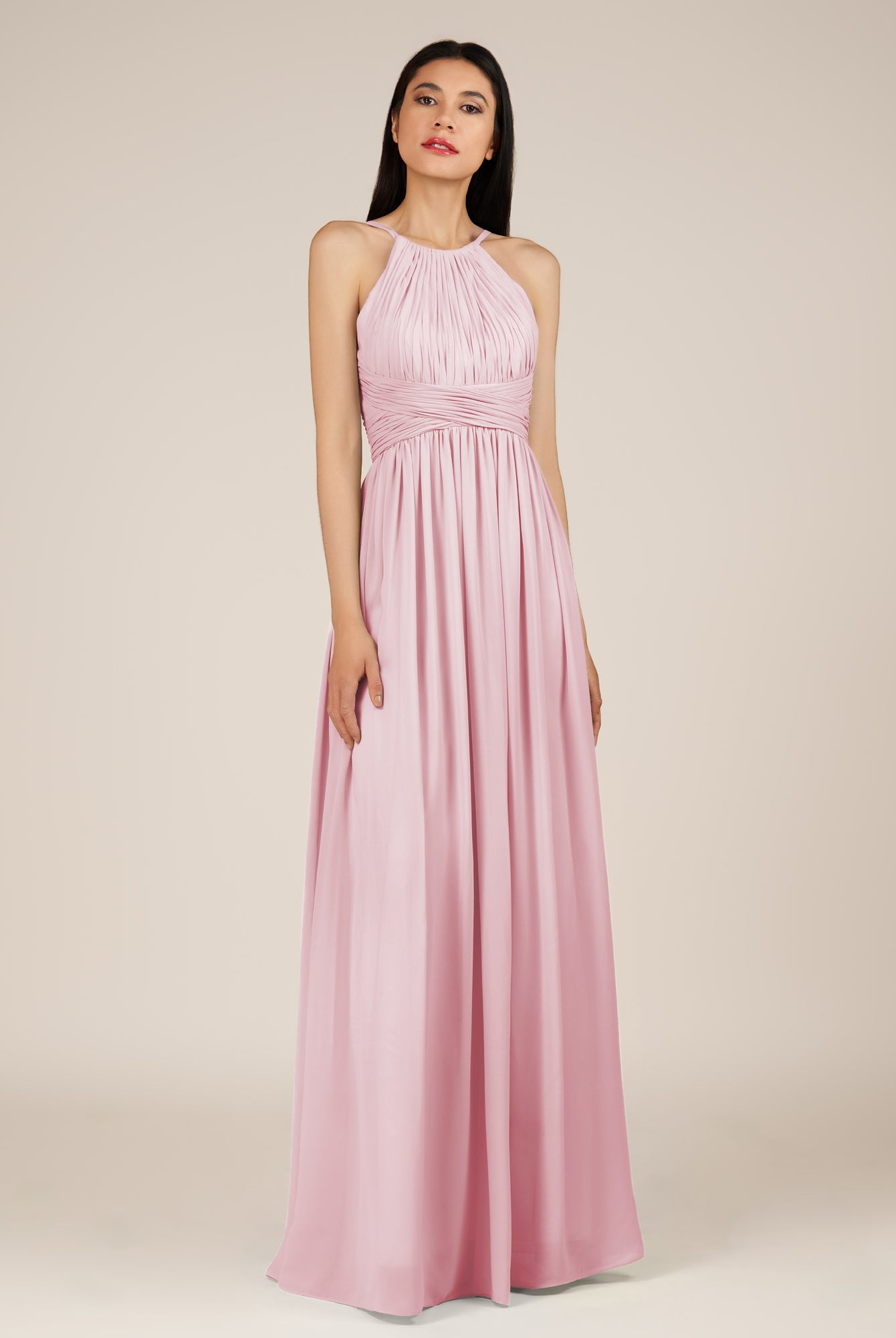 KissDress-Orinthia Candy Pink A Line Halter Neck Chiffon Long Bridesmaid Dress with Pleats