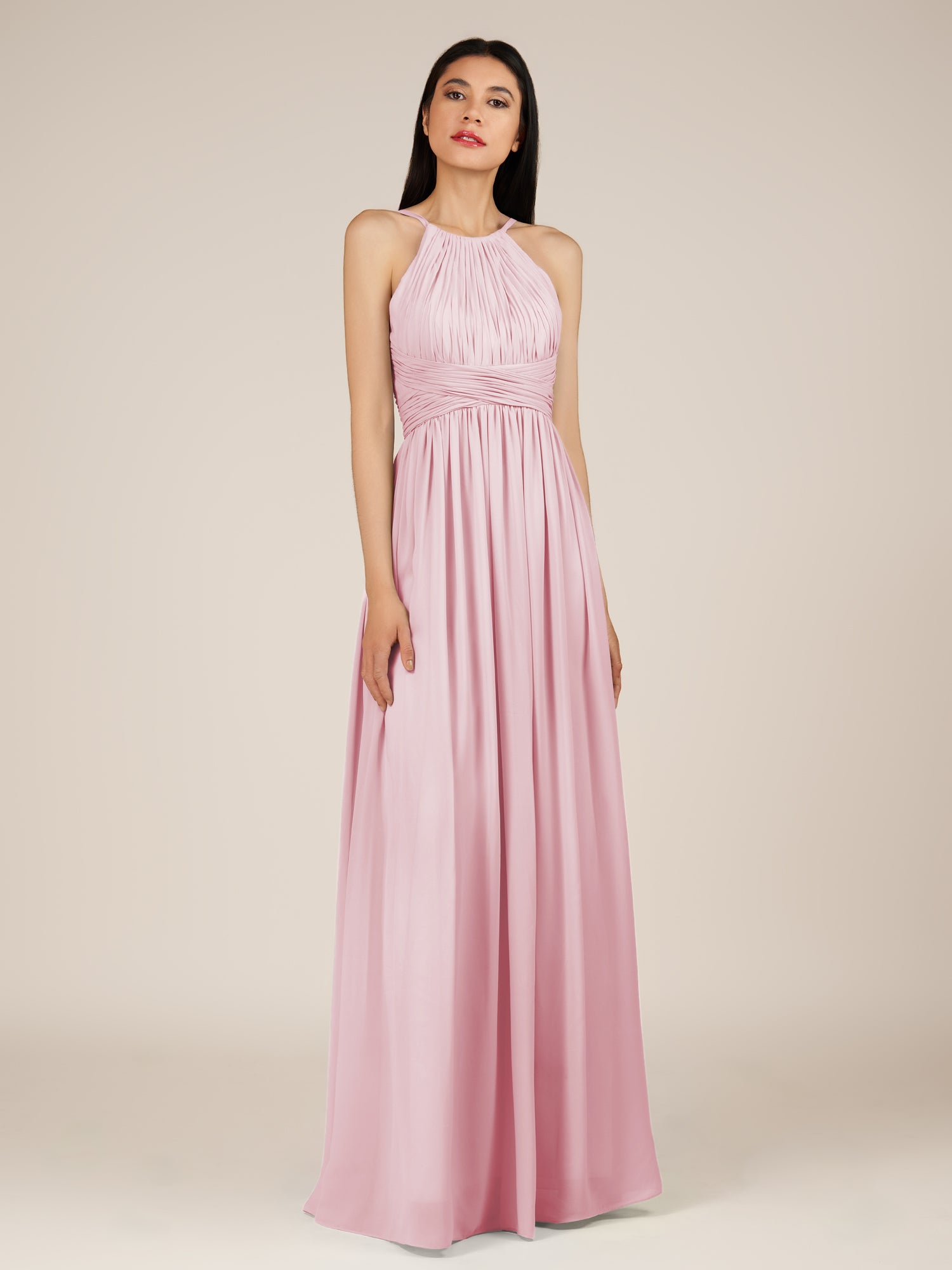 KissDress-Orinthia Candy Pink A Line Halter Neck Chiffon Long Bridesmaid Dress with Pleats