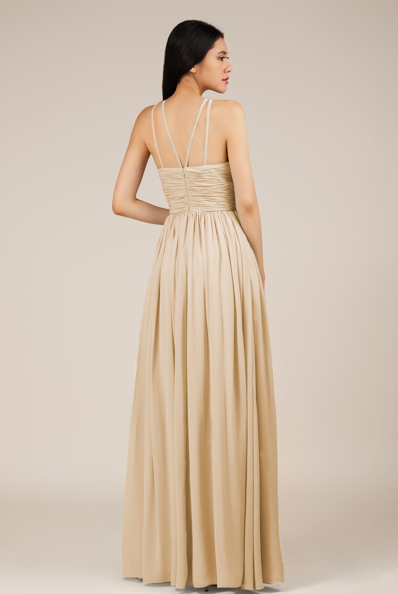 KissDress-Orinthia Champagne A Line Halter Neck Chiffon Long Bridesmaid Dress with Pleats