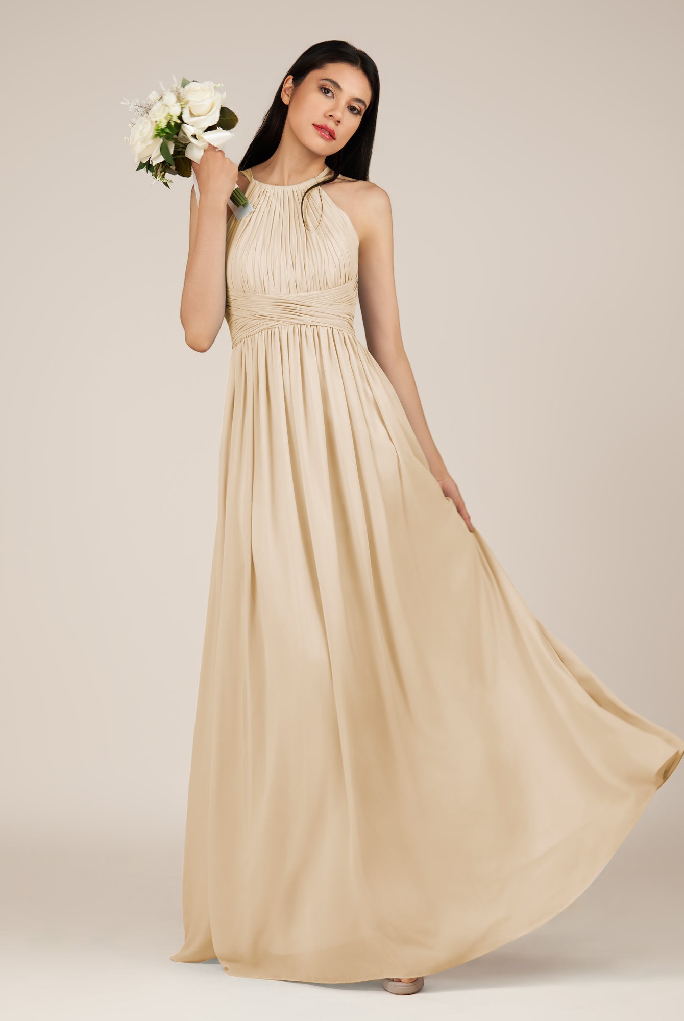 KissDress-Orinthia Champagne A Line Halter Neck Chiffon Long Bridesmaid Dress with Pleats