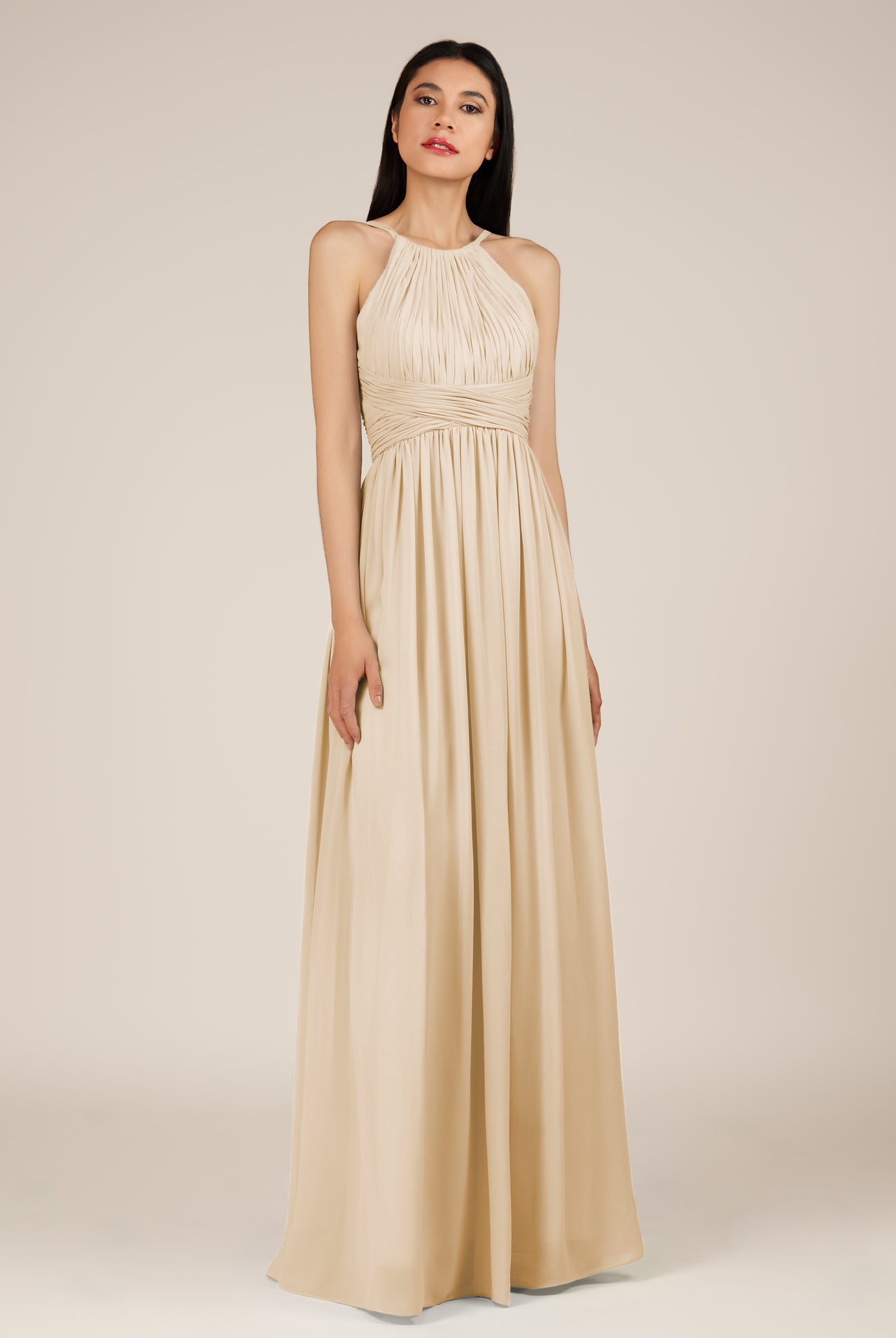 KissDress-Orinthia Champagne A Line Halter Neck Chiffon Long Bridesmaid Dress with Pleats