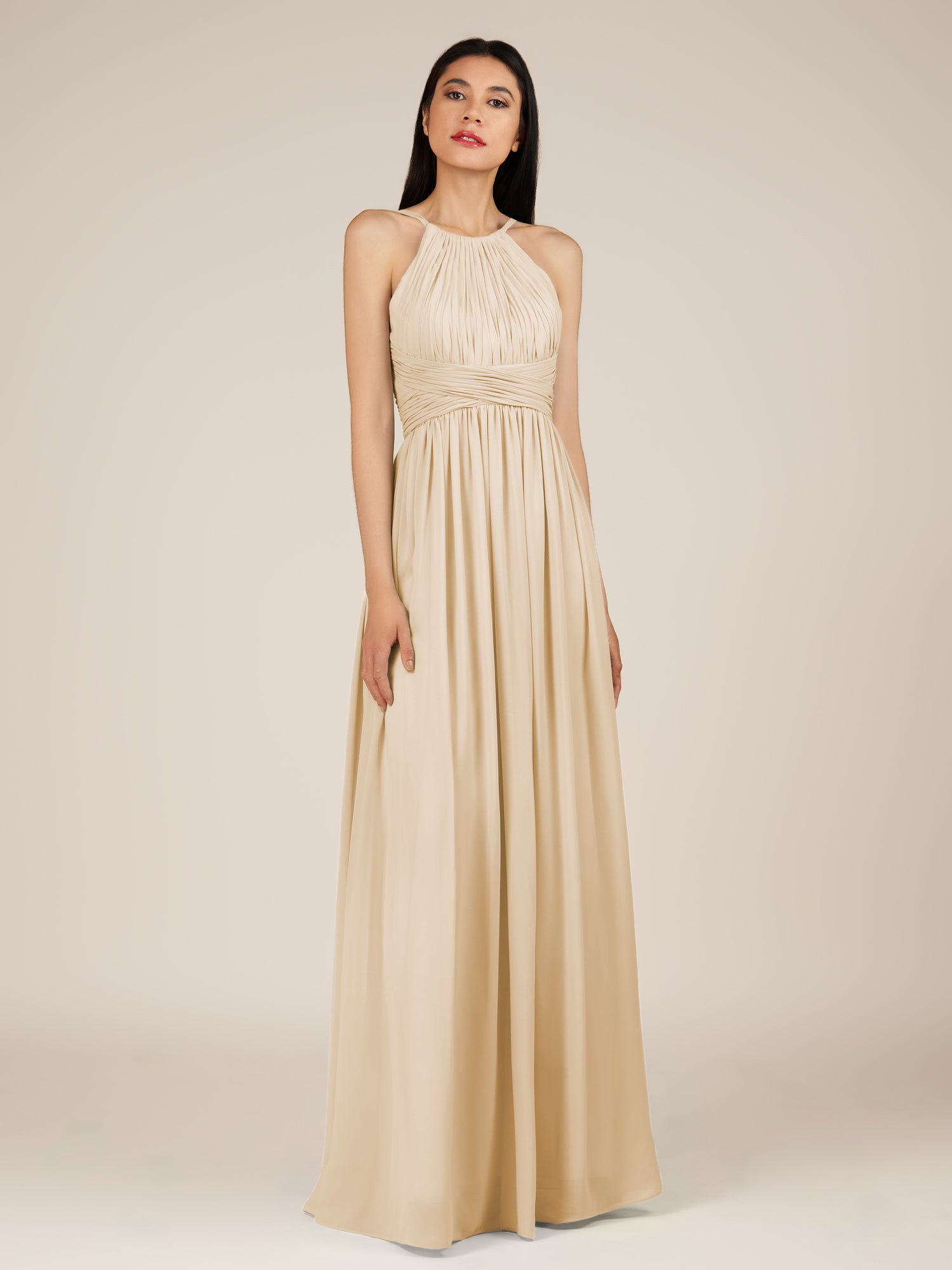KissDress-Orinthia Champagne A Line Halter Neck Chiffon Long Bridesmaid Dress with Pleats