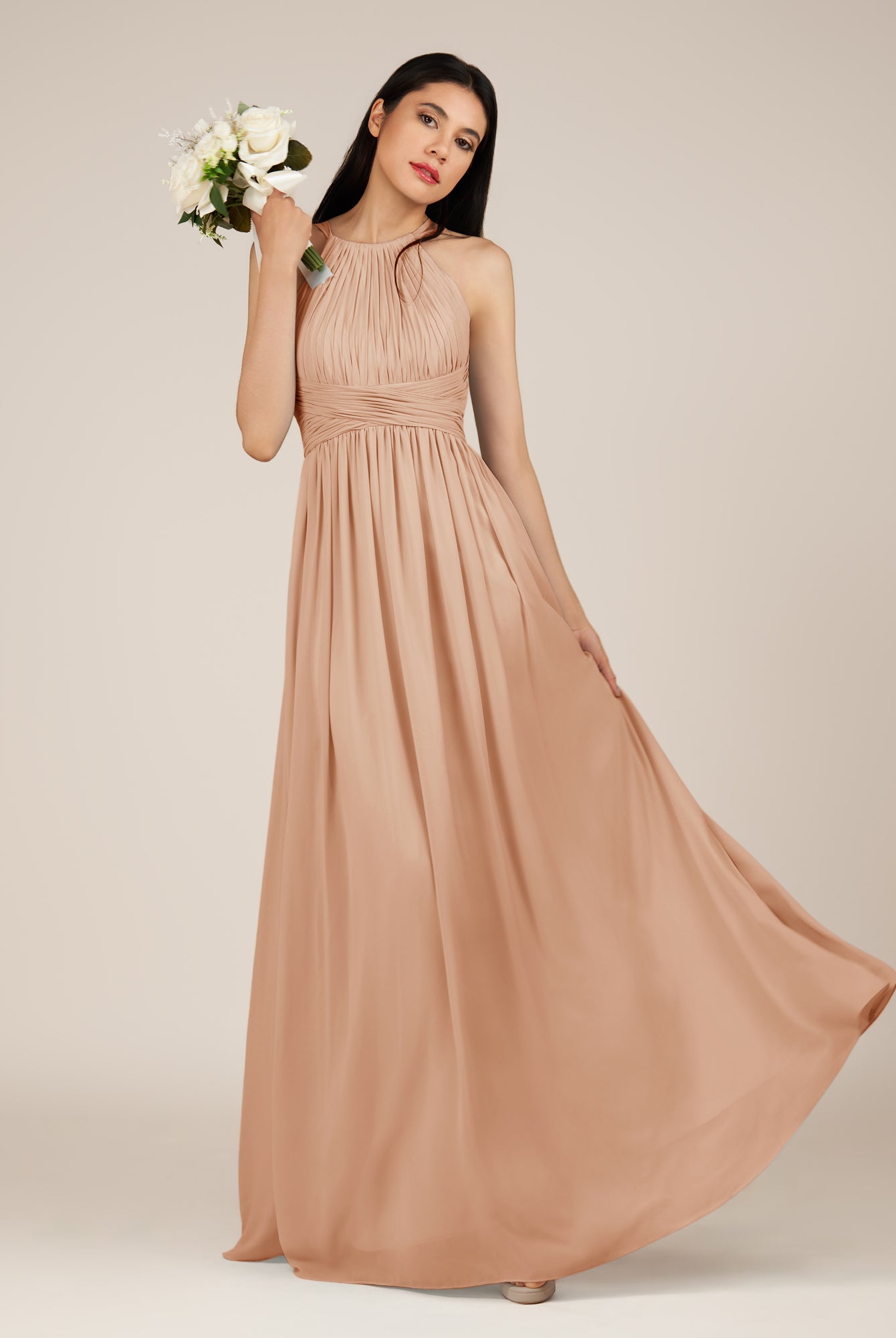 KissDress-Orinthia Coral A Line Halter Neck Chiffon Long Bridesmaid Dress with Pleats