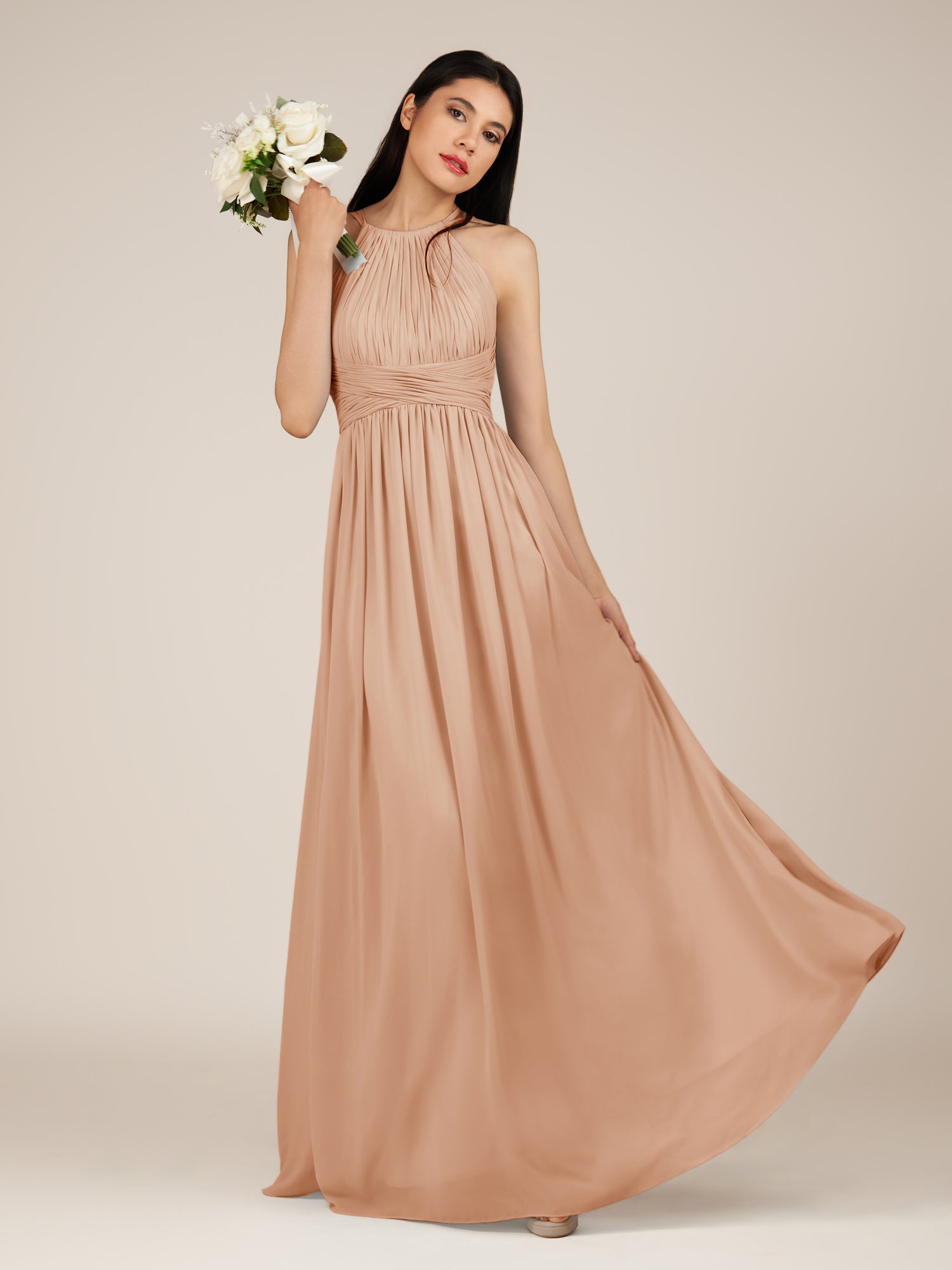 KissDress-Orinthia Coral A Line Halter Neck Chiffon Long Bridesmaid Dress with Pleats