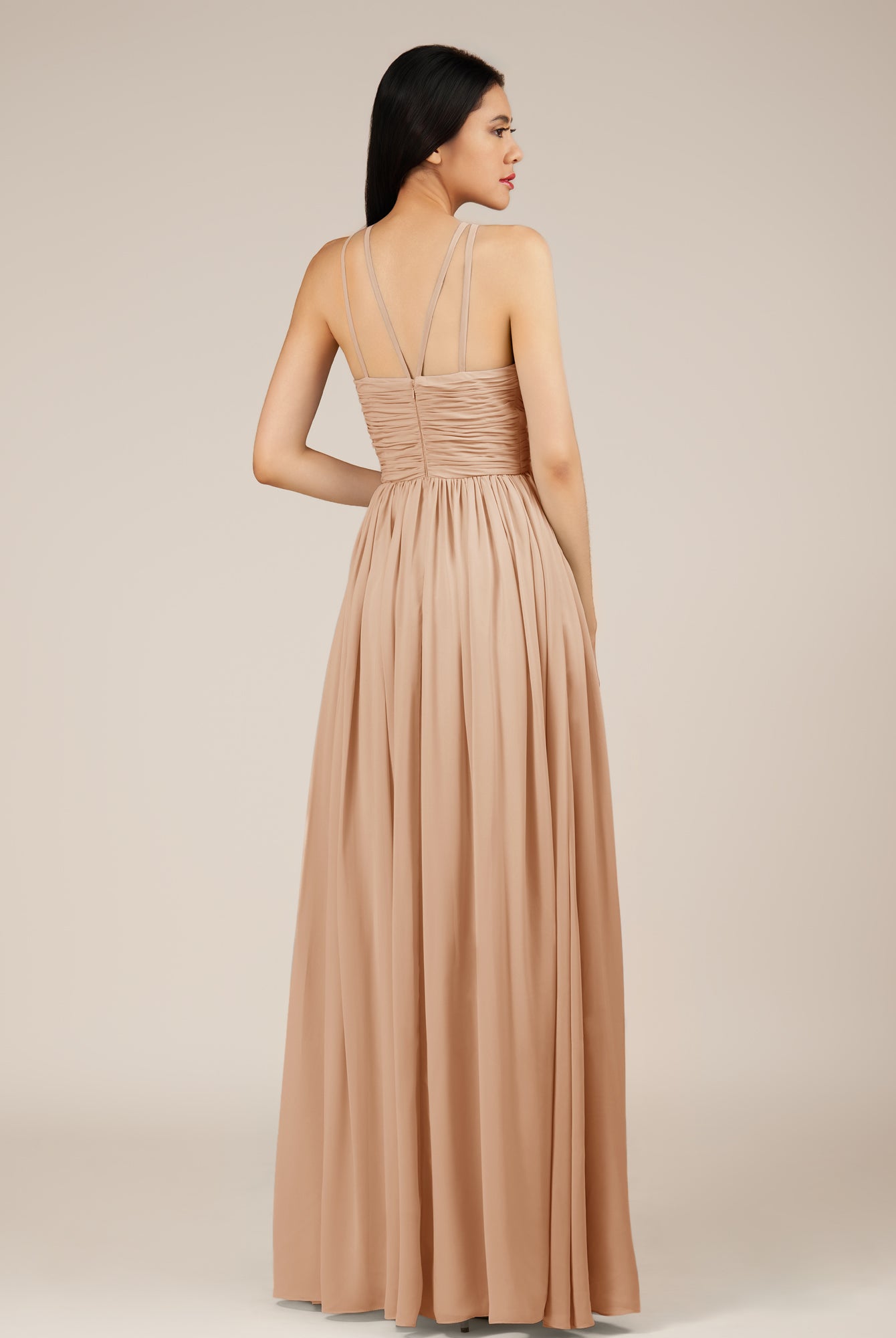 KissDress-Orinthia Coral A Line Halter Neck Chiffon Long Bridesmaid Dress with Pleats