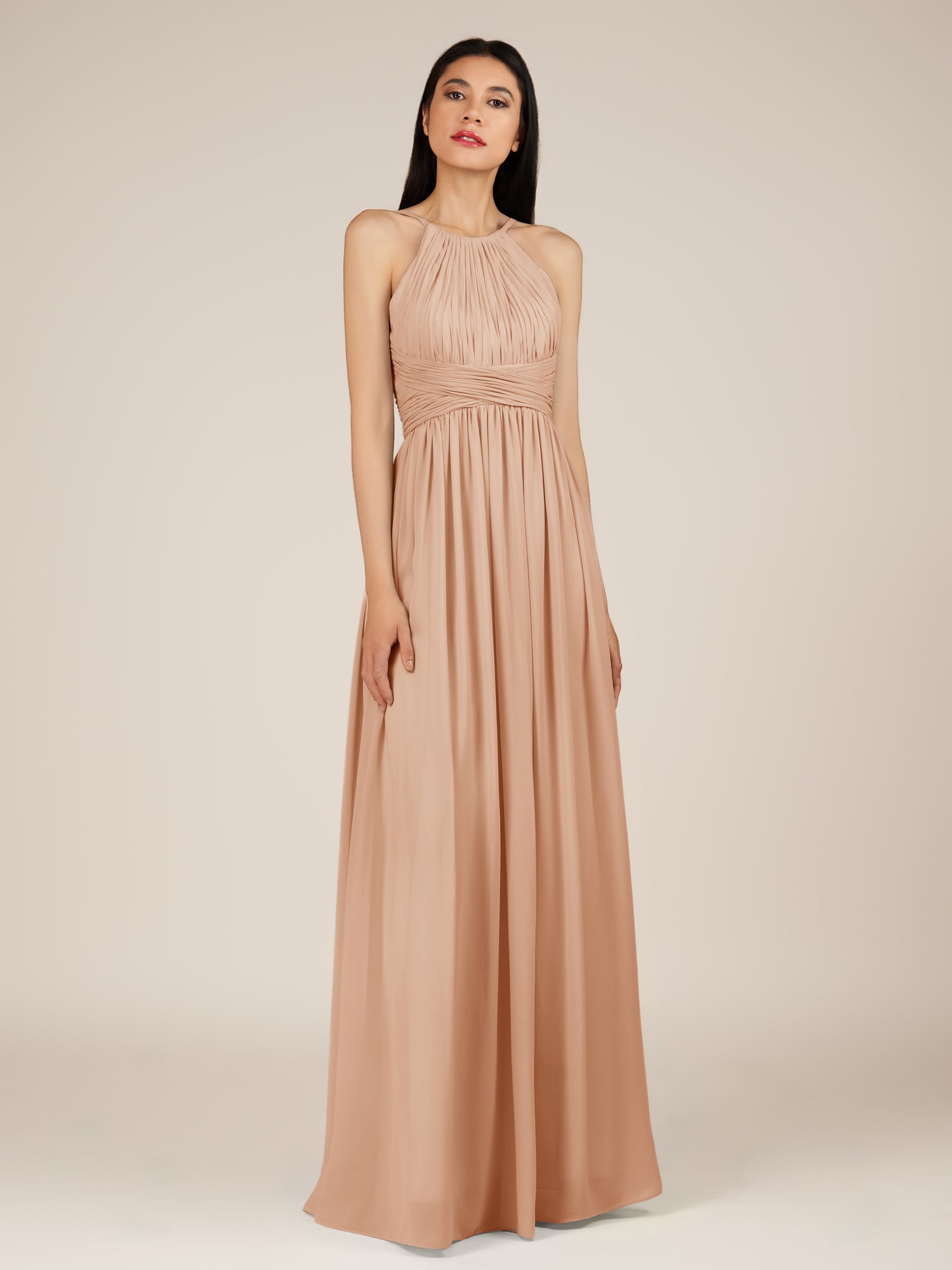 KissDress-Orinthia Coral A Line Halter Neck Chiffon Long Bridesmaid Dress with Pleats