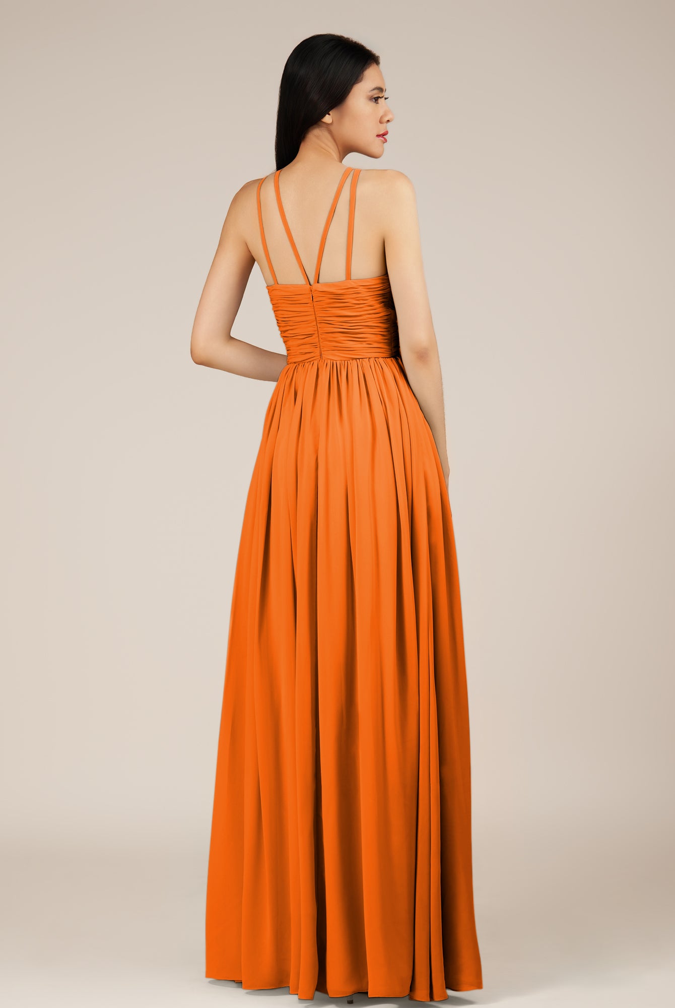 KissDress-Orinthia Cinnamon A Line Halter Neck Chiffon Long Bridesmaid Dress with Pleats