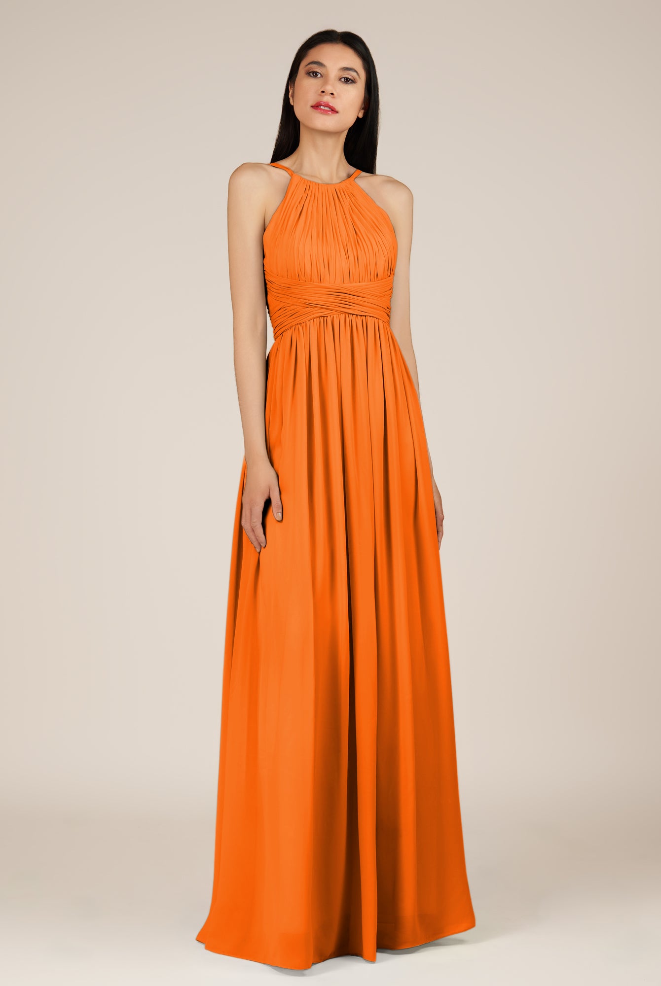 KissDress-Orinthia Cinnamon A Line Halter Neck Chiffon Long Bridesmaid Dress with Pleats