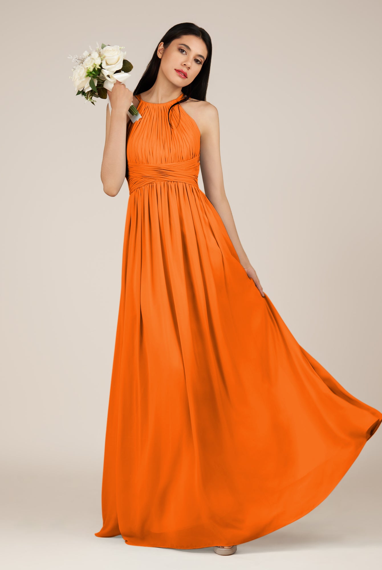 KissDress-Orinthia Cinnamon A Line Halter Neck Chiffon Long Bridesmaid Dress with Pleats