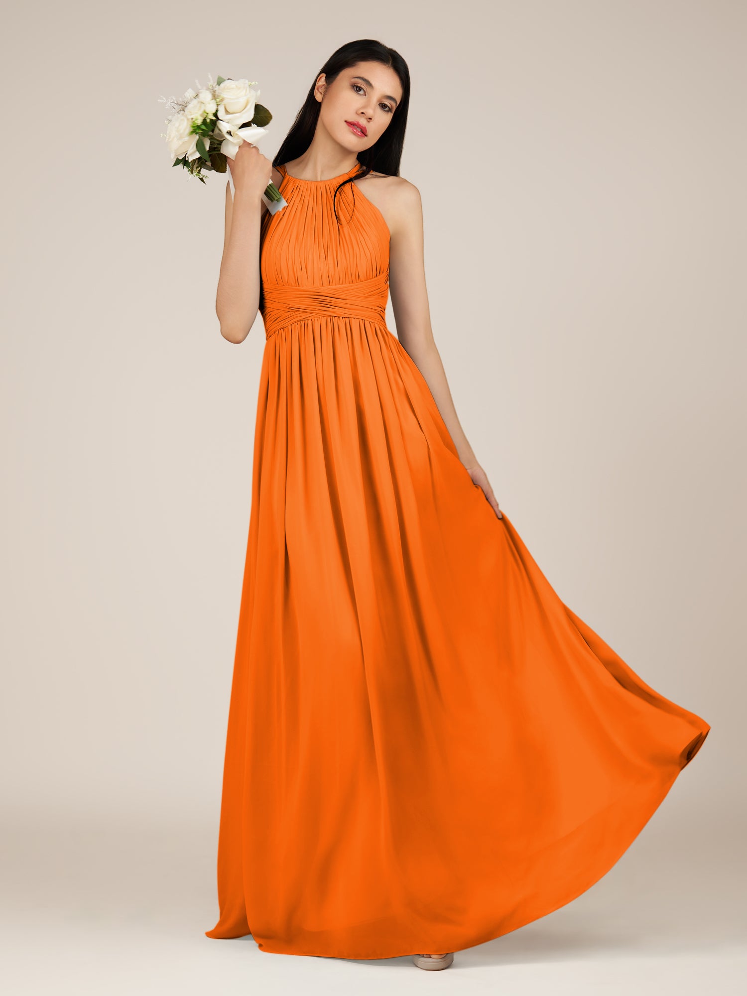 KissDress-Orinthia Cinnamon A Line Halter Neck Chiffon Long Bridesmaid Dress with Pleats