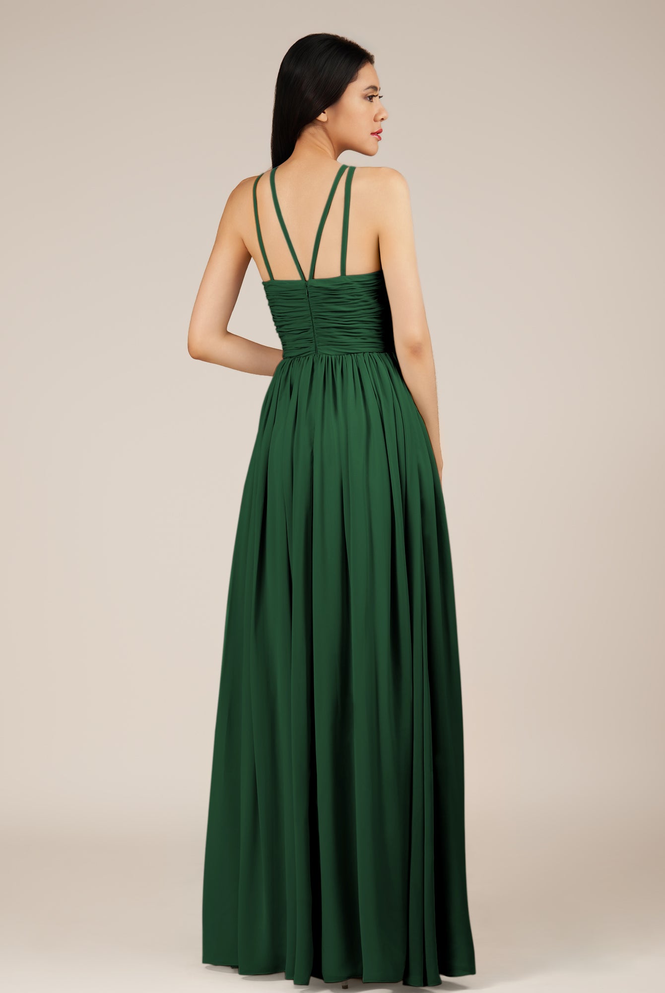 KissDress-Orinthia Dark Green A Line Halter Neck Chiffon Long Bridesmaid Dress with Pleats