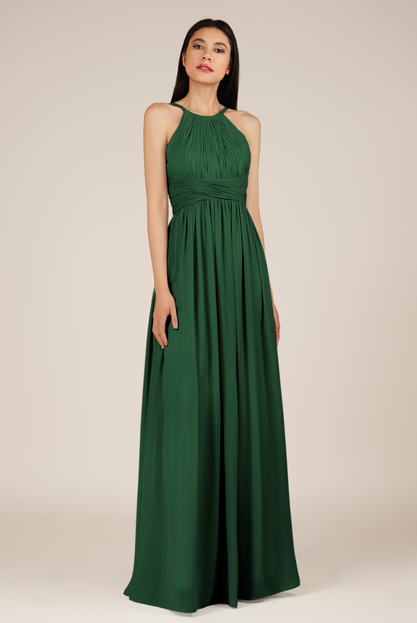 KissDress-Orinthia Dark Green A Line Halter Neck Chiffon Long Bridesmaid Dress with Pleats