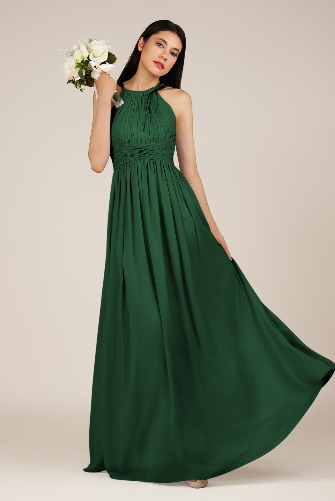 KissDress-Orinthia Dark Green A Line Halter Neck Chiffon Long Bridesmaid Dress with Pleats