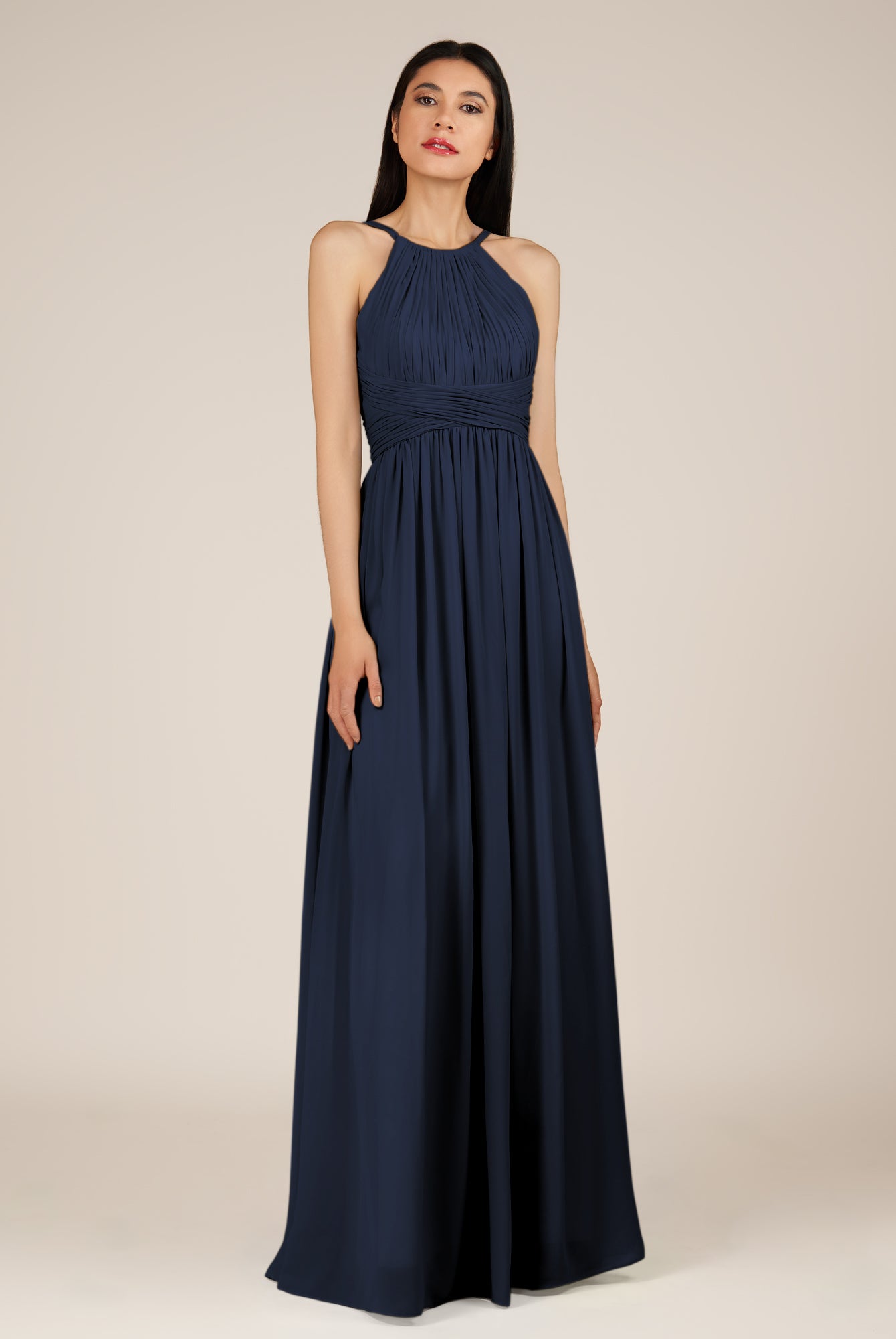 KissDress-Orinthia Dark Navy A Line Halter Neck Chiffon Long Bridesmaid Dress with Pleats