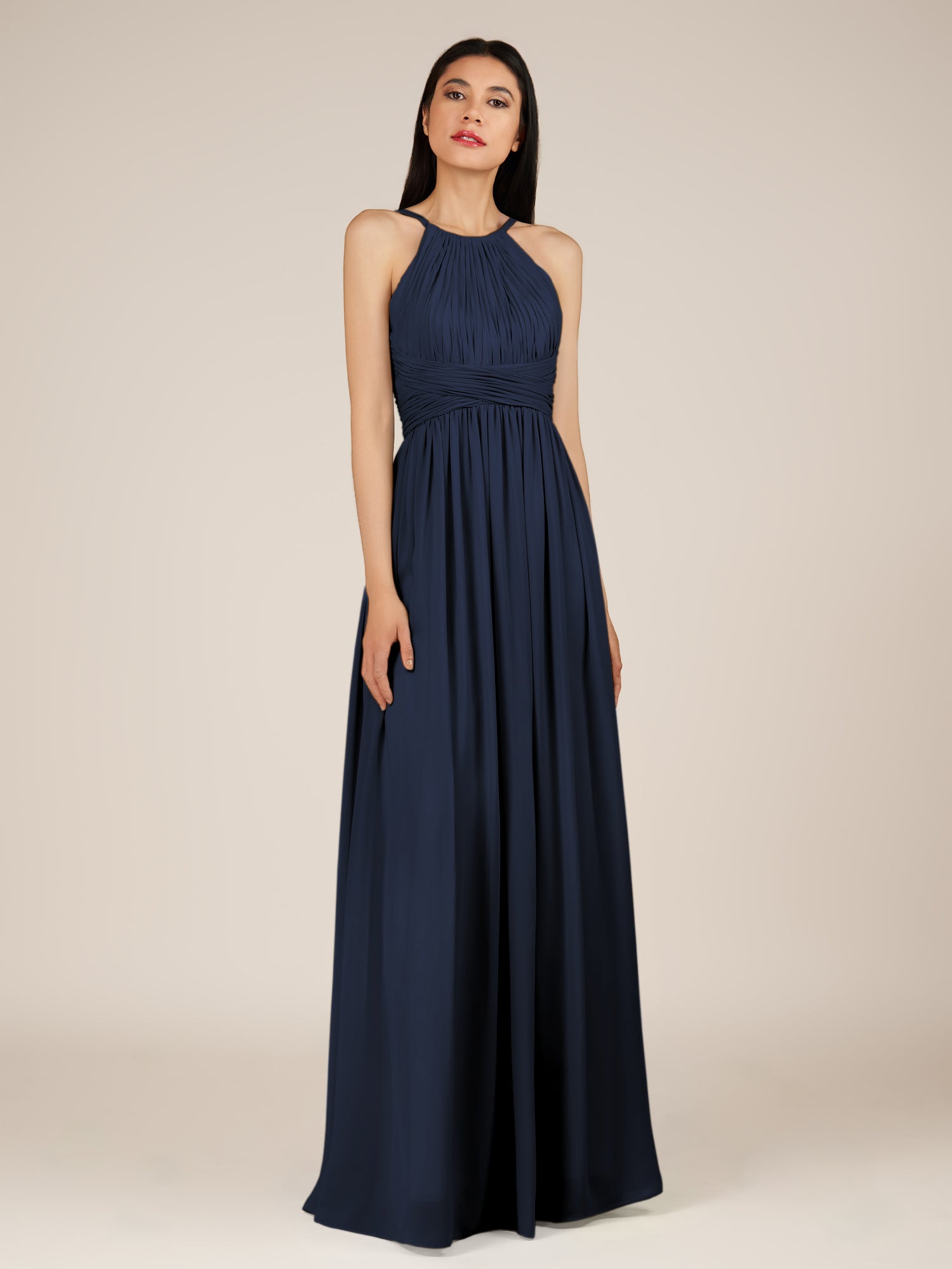 KissDress-Orinthia Dark Navy A Line Halter Neck Chiffon Long Bridesmaid Dress with Pleats