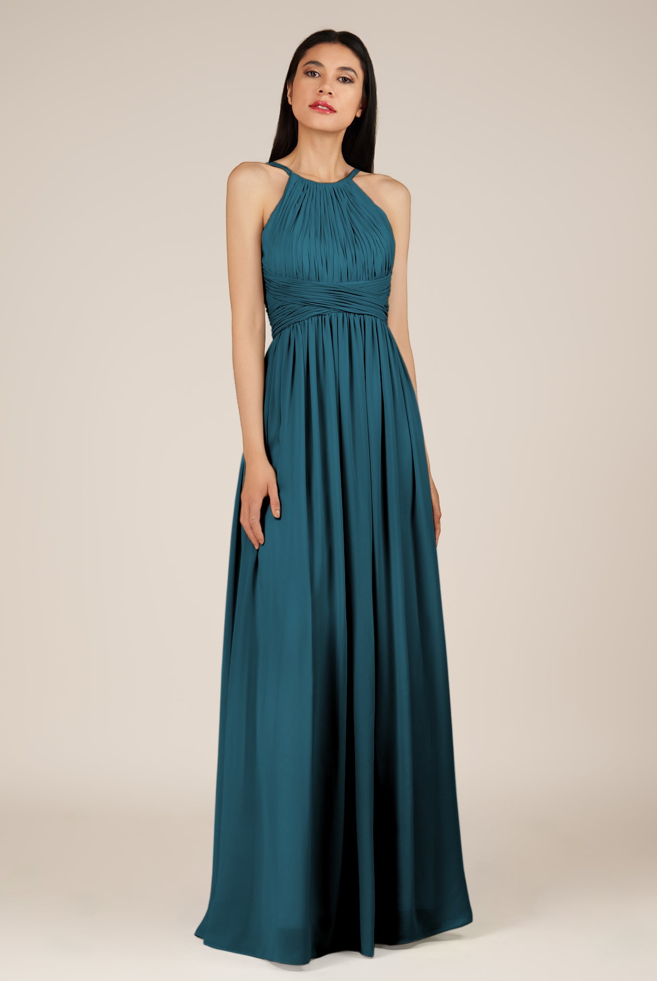 KissDress-Orinthia Dark Teal A Line Halter Neck Chiffon Long Bridesmaid Dress with Pleats