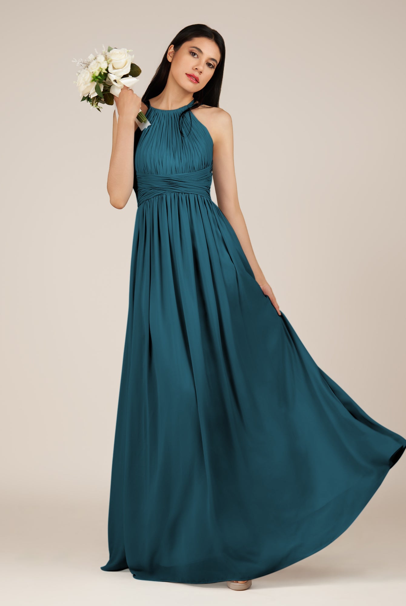 KissDress-Orinthia Dark Teal A Line Halter Neck Chiffon Long Bridesmaid Dress with Pleats