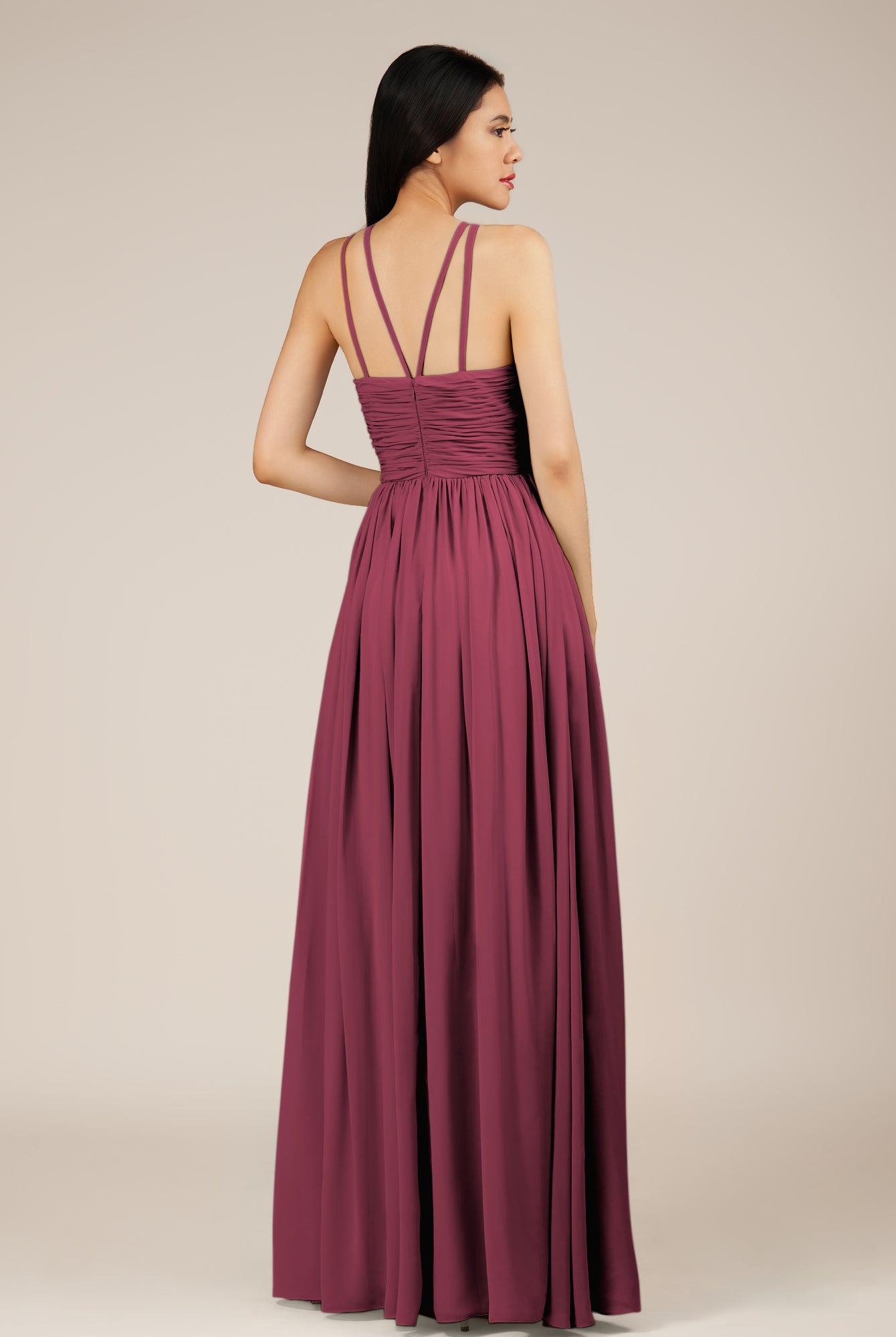 KissDress-Orinthia Desert Rose A Line Halter Neck Chiffon Long Bridesmaid Dress with Pleats