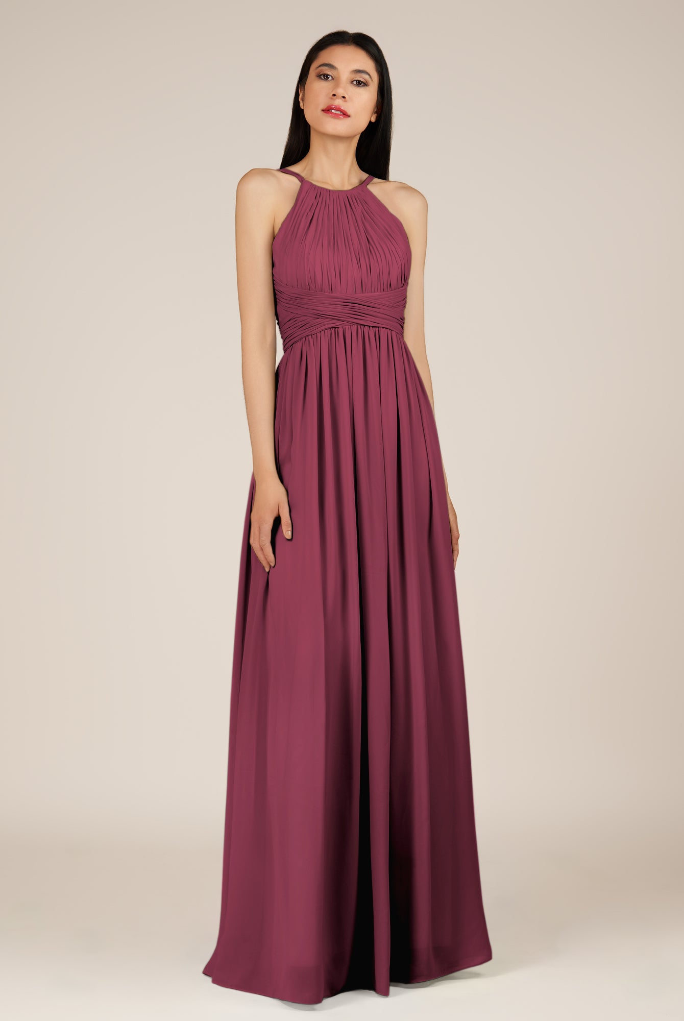 KissDress-Orinthia Desert Rose A Line Halter Neck Chiffon Long Bridesmaid Dress with Pleats
