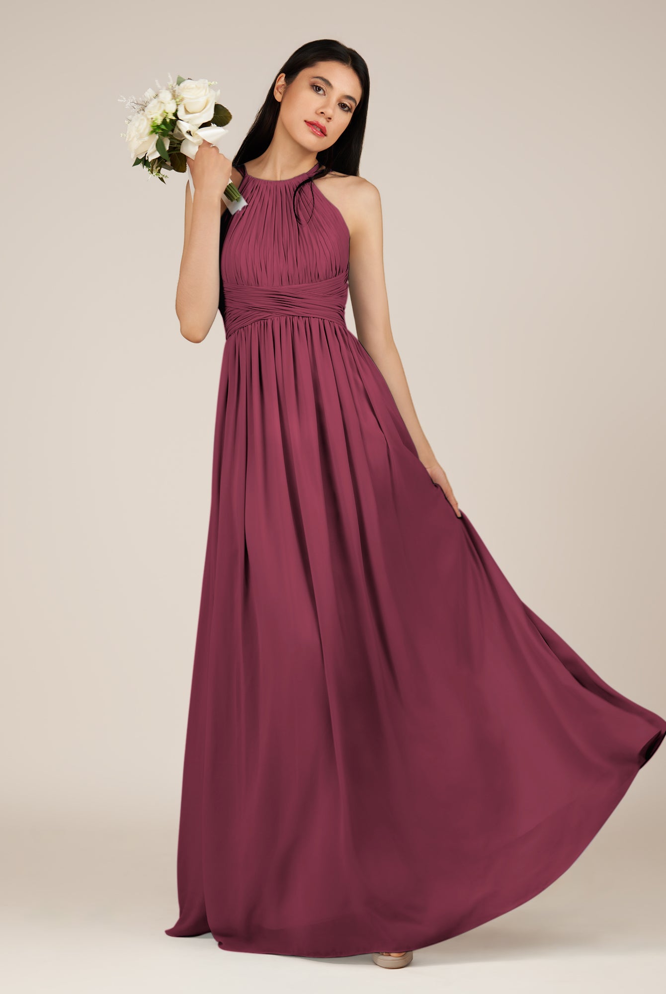 KissDress-Orinthia Desert Rose A Line Halter Neck Chiffon Long Bridesmaid Dress with Pleats