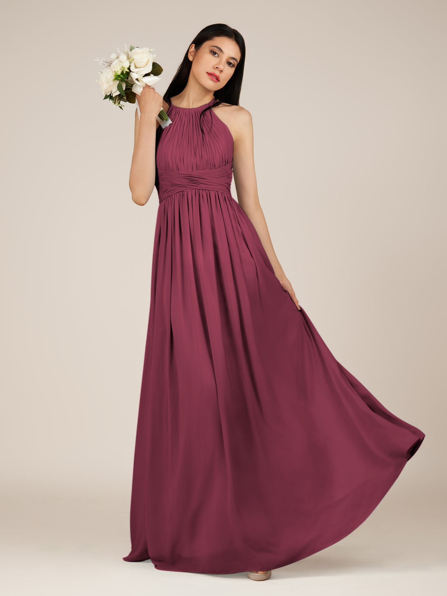 KissDress-Orinthia Desert Rose A Line Halter Neck Chiffon Long Bridesmaid Dress with Pleats