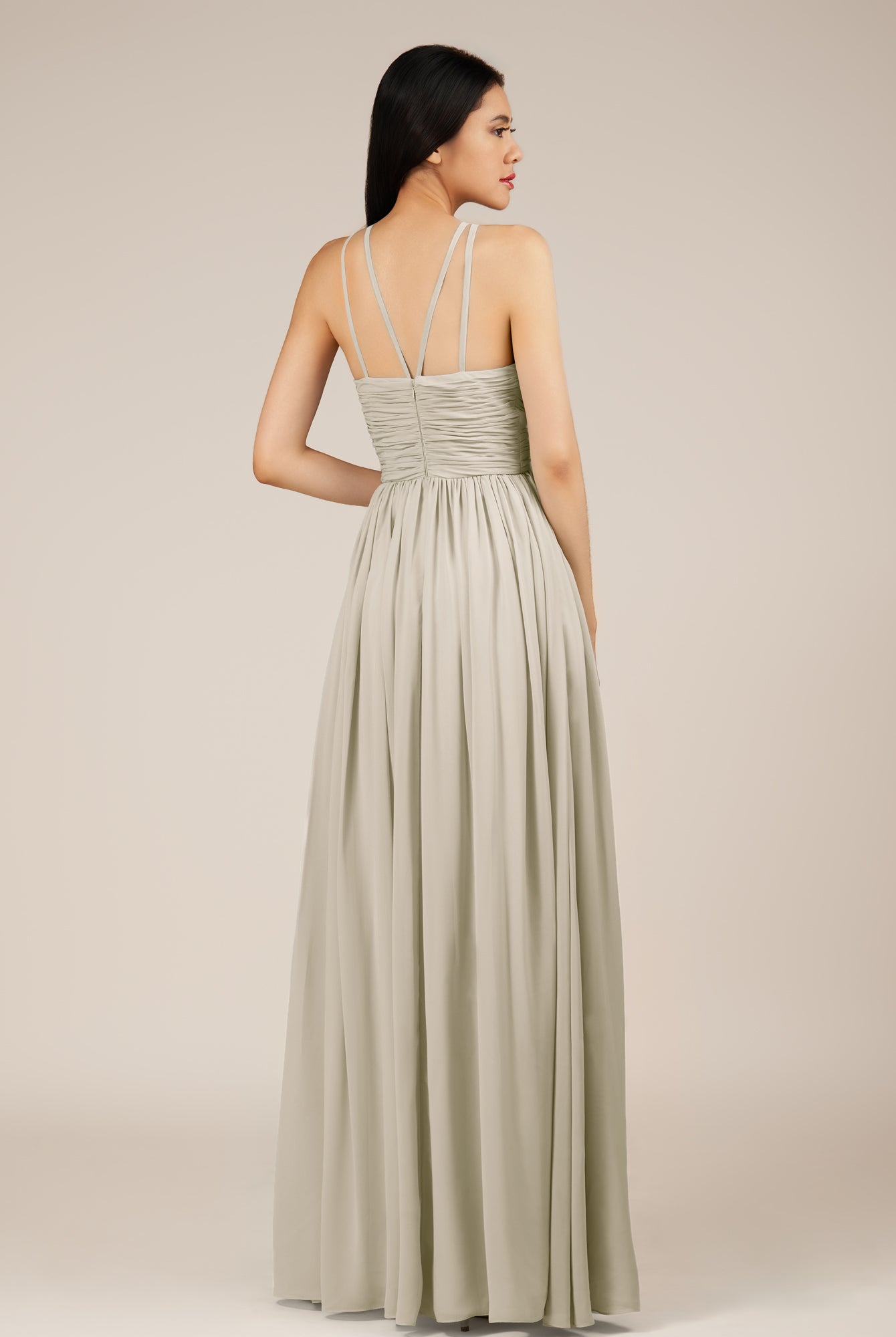 KissDress-Orinthia Dove Gray A Line Halter Neck Chiffon Long Bridesmaid Dress with Pleats