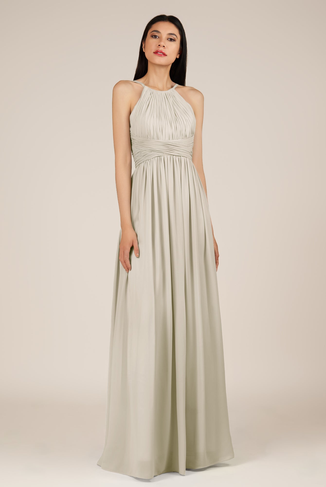 KissDress-Orinthia Dove Gray A Line Halter Neck Chiffon Long Bridesmaid Dress with Pleats