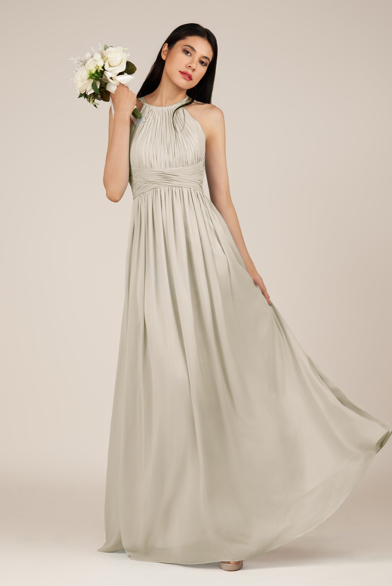 KissDress-Orinthia Dove Gray A Line Halter Neck Chiffon Long Bridesmaid Dress with Pleats
