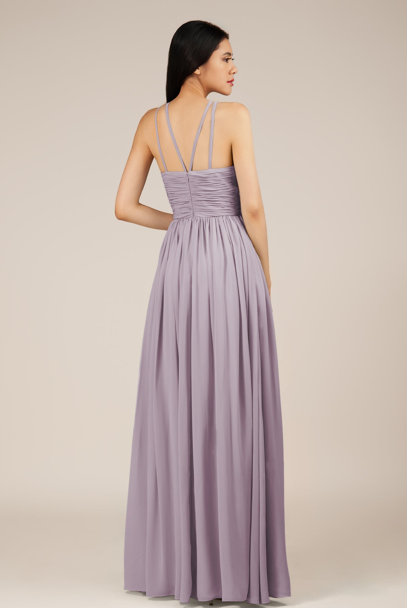 KissDress-Orinthia Dusk A Line Halter Neck Chiffon Long Bridesmaid Dress with Pleats