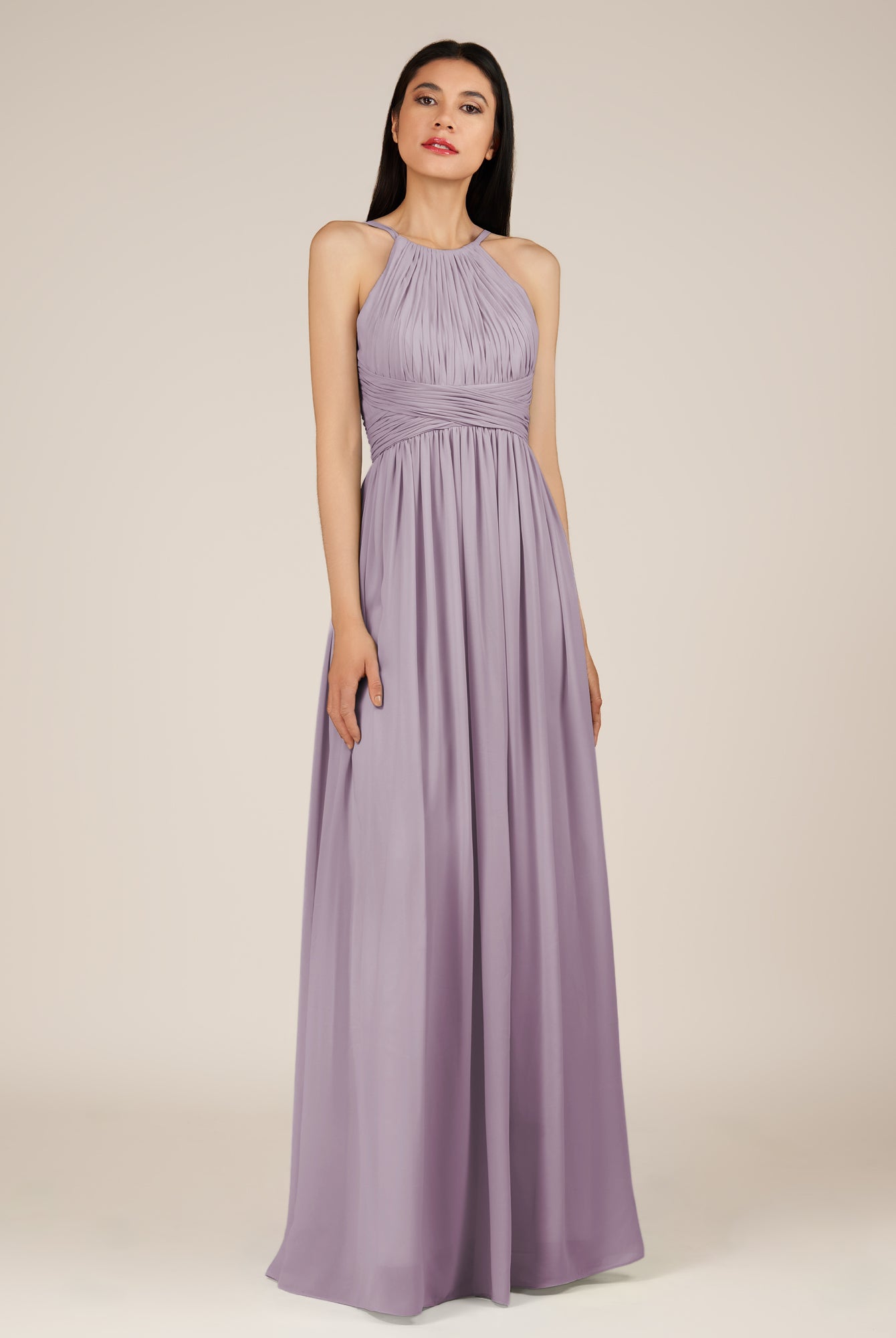 KissDress-Orinthia Dusk A Line Halter Neck Chiffon Long Bridesmaid Dress with Pleats