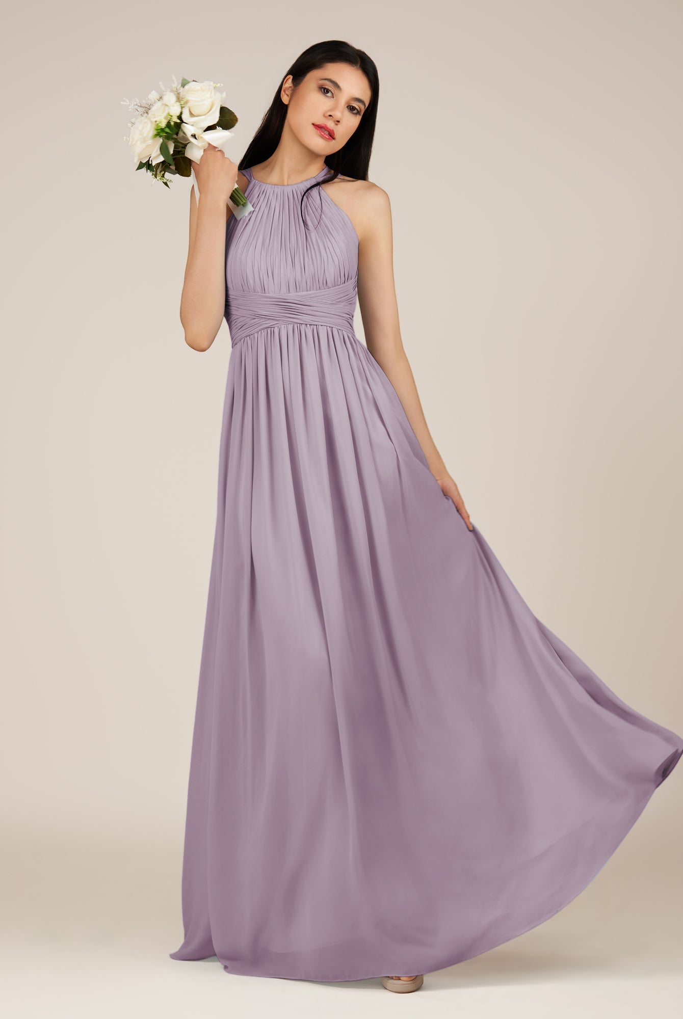 KissDress-Orinthia Dusk A Line Halter Neck Chiffon Long Bridesmaid Dress with Pleats
