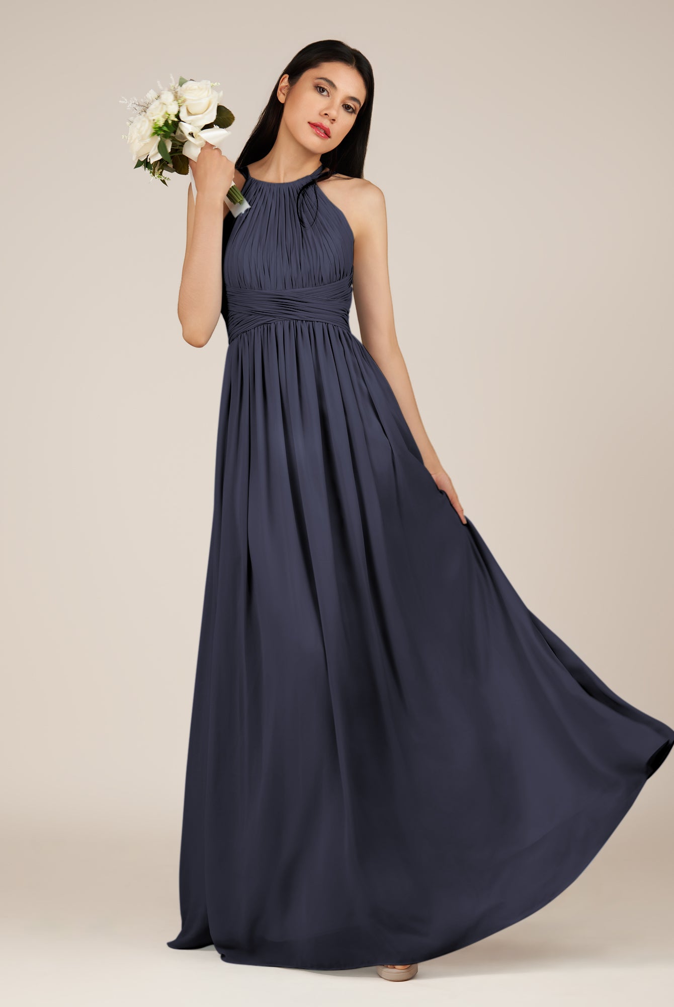 KissDress-Orinthia Dusk Blue A Line Halter Neck Chiffon Long Bridesmaid Dress with Pleats