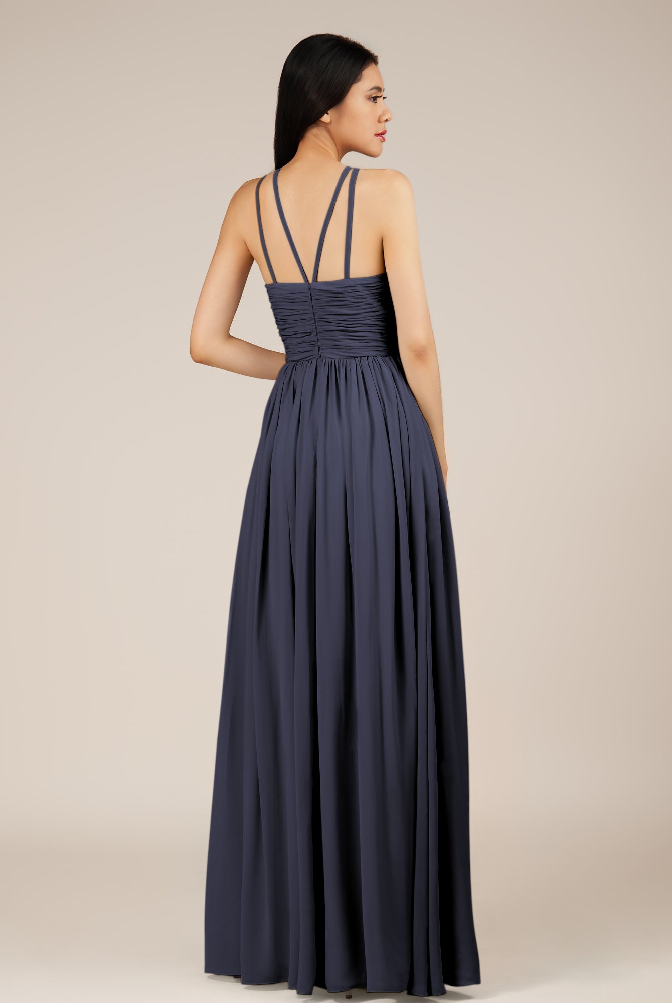 KissDress-Orinthia Dusk Blue A Line Halter Neck Chiffon Long Bridesmaid Dress with Pleats
