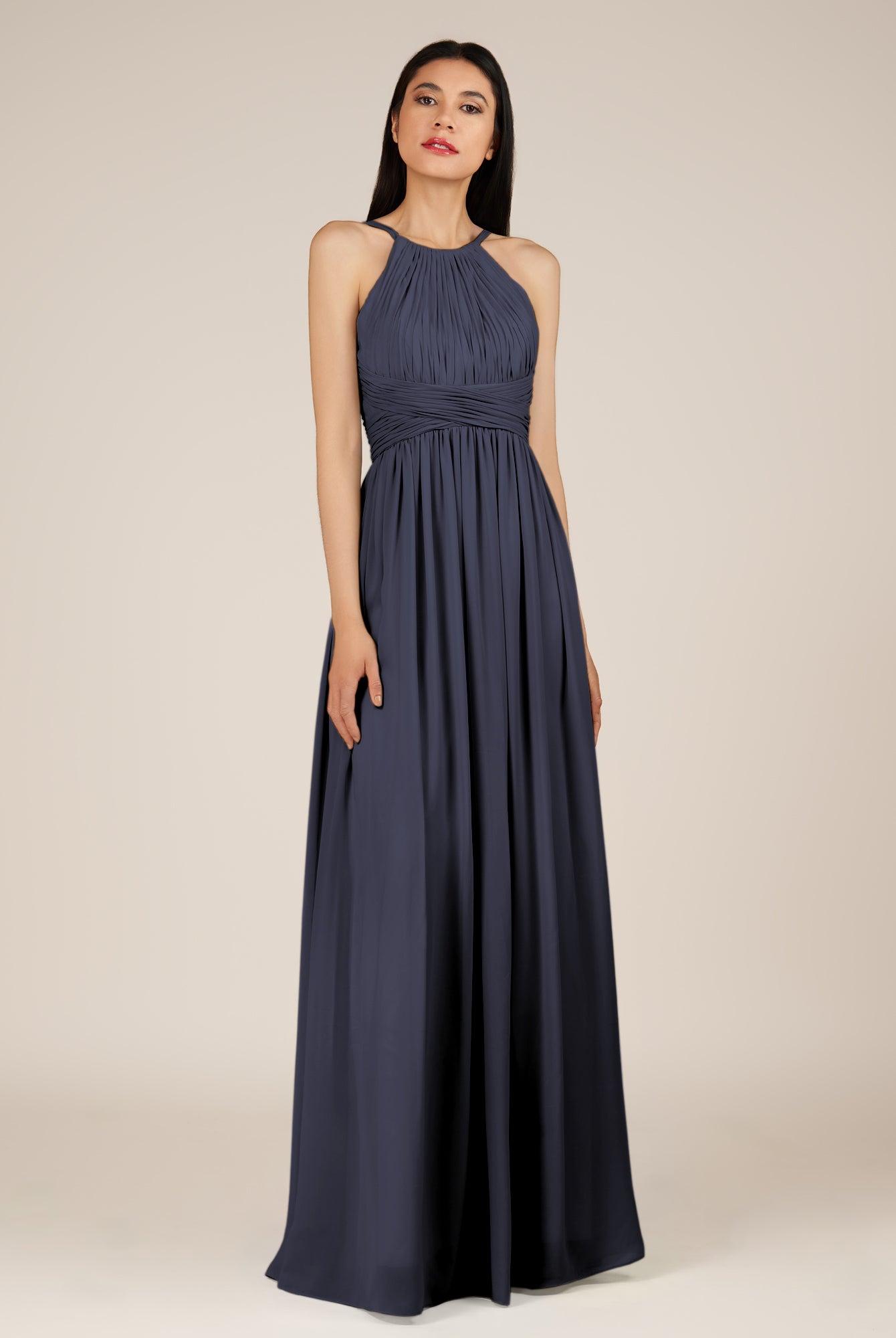 KissDress-Orinthia Dusk Blue A Line Halter Neck Chiffon Long Bridesmaid Dress with Pleats