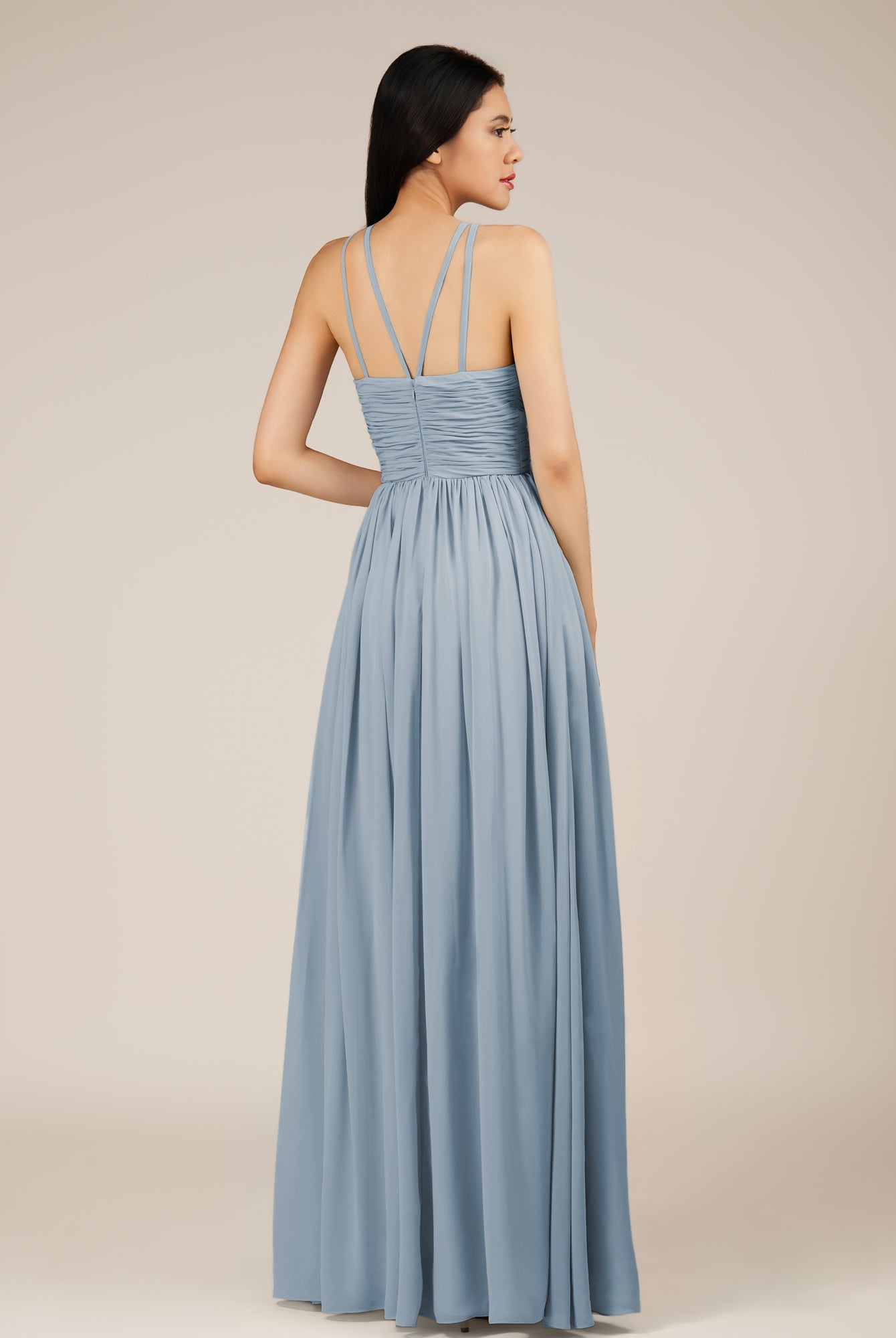 KissDress-Orinthia Dusty Blue A Line Halter Neck Chiffon Long Bridesmaid Dress with Pleats