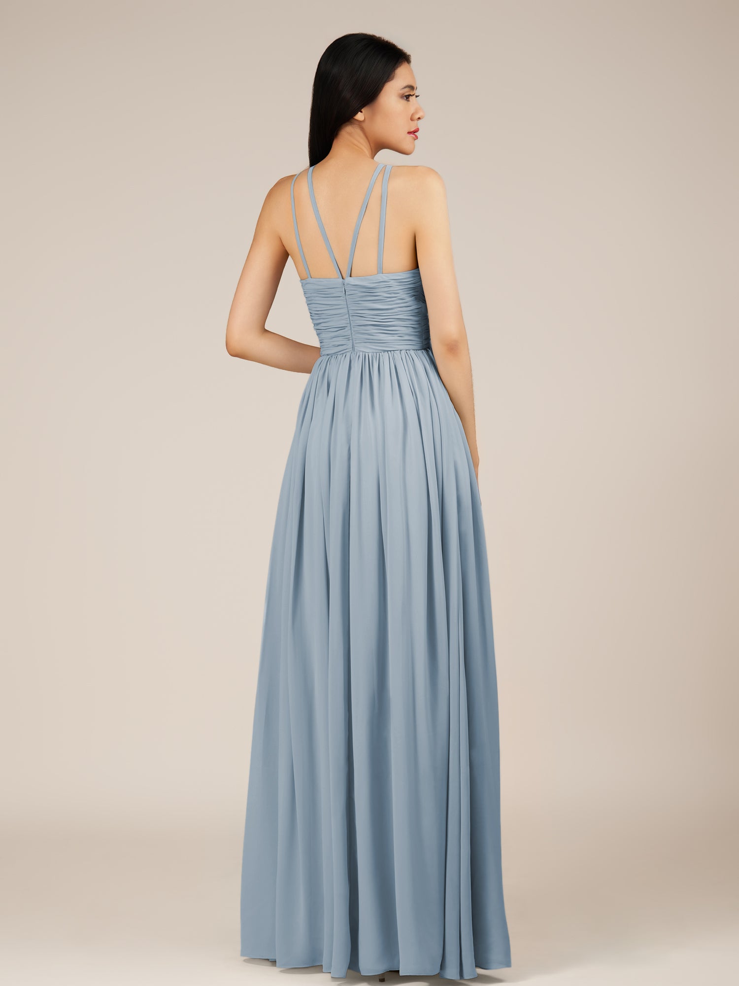 KissDress-Orinthia Dusty Blue A Line Halter Neck Chiffon Long Bridesmaid Dress with Pleats