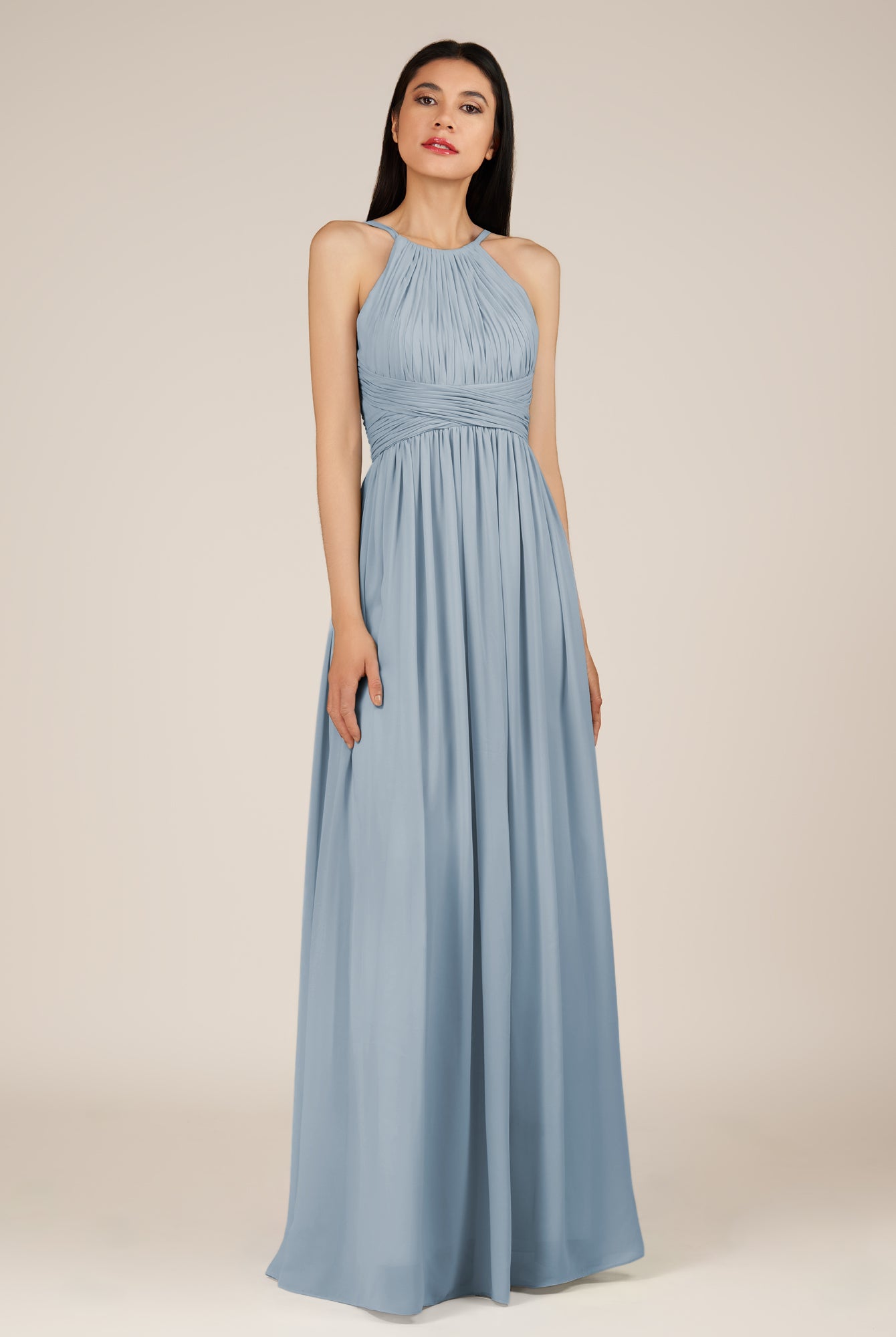 KissDress-Orinthia Dusty Blue A Line Halter Neck Chiffon Long Bridesmaid Dress with Pleats