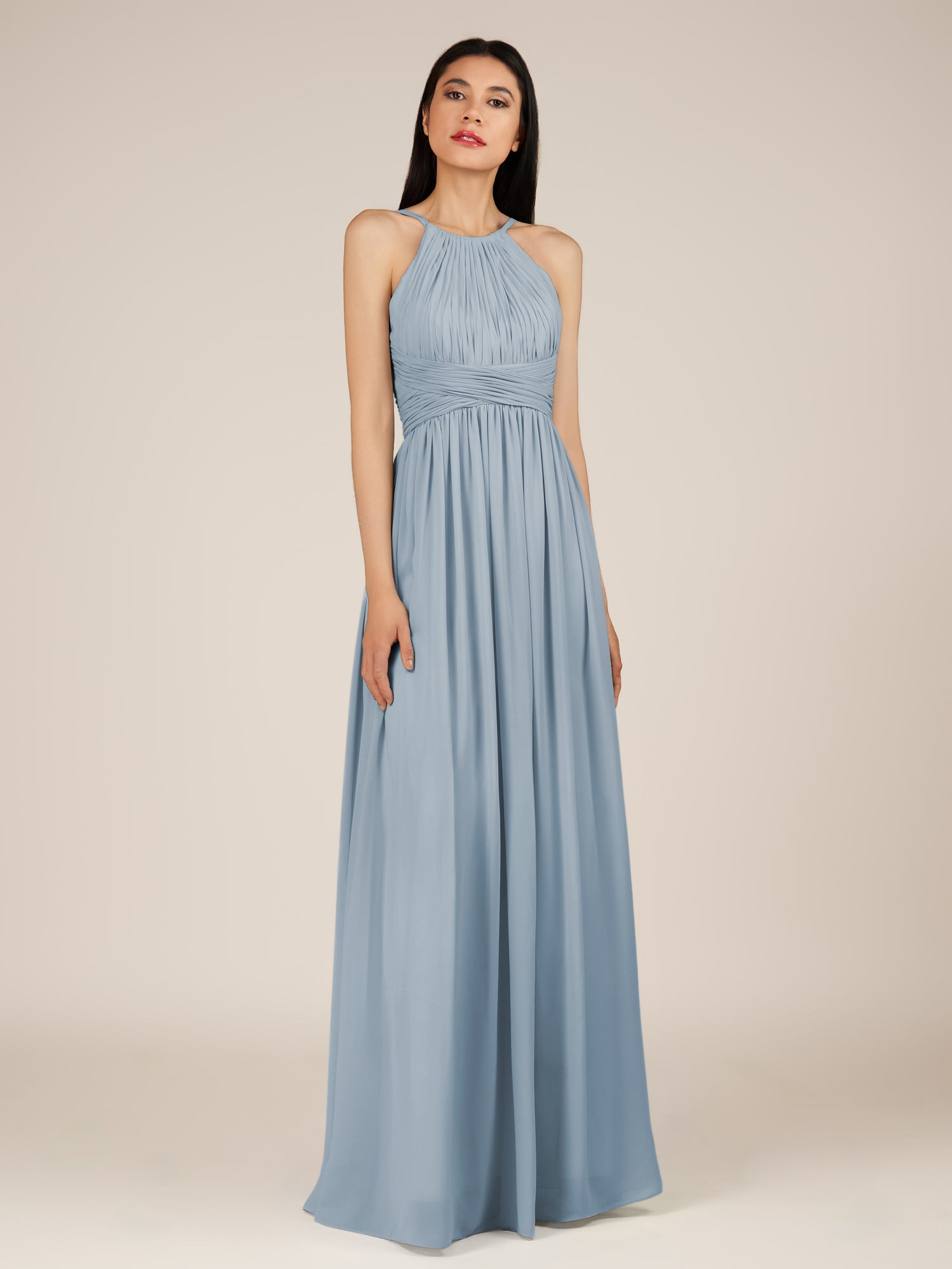 KissDress-Orinthia Dusty Blue A Line Halter Neck Chiffon Long Bridesmaid Dress with Pleats