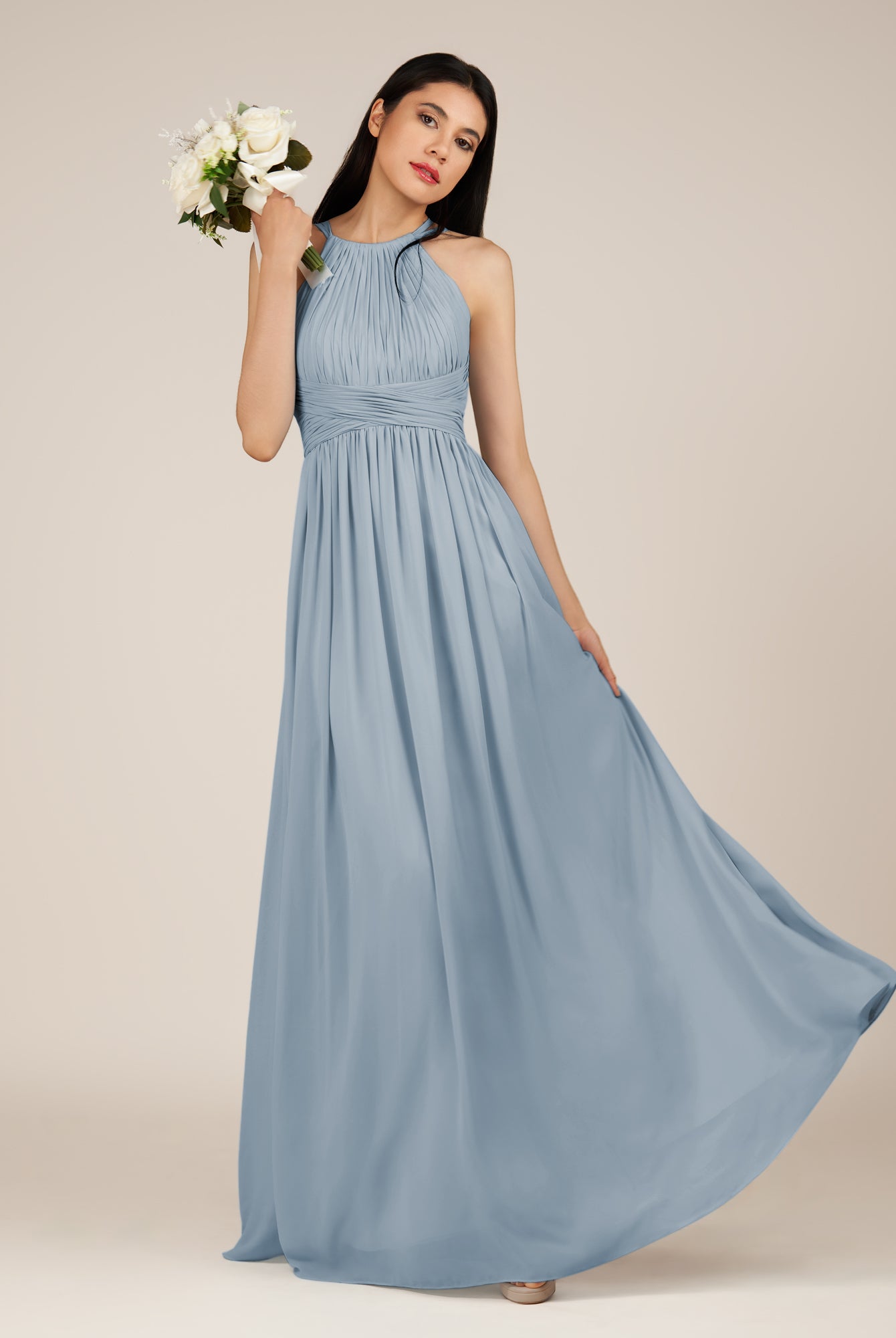 KissDress-Orinthia Dusty Blue A Line Halter Neck Chiffon Long Bridesmaid Dress with Pleats