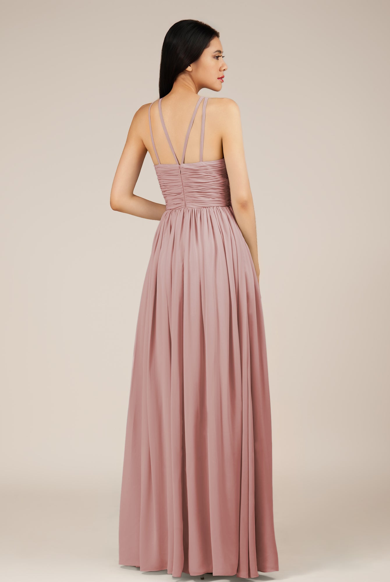 KissDress-Orinthia Dusty Rose A Line Halter Neck Chiffon Long Bridesmaid Dress with Pleats