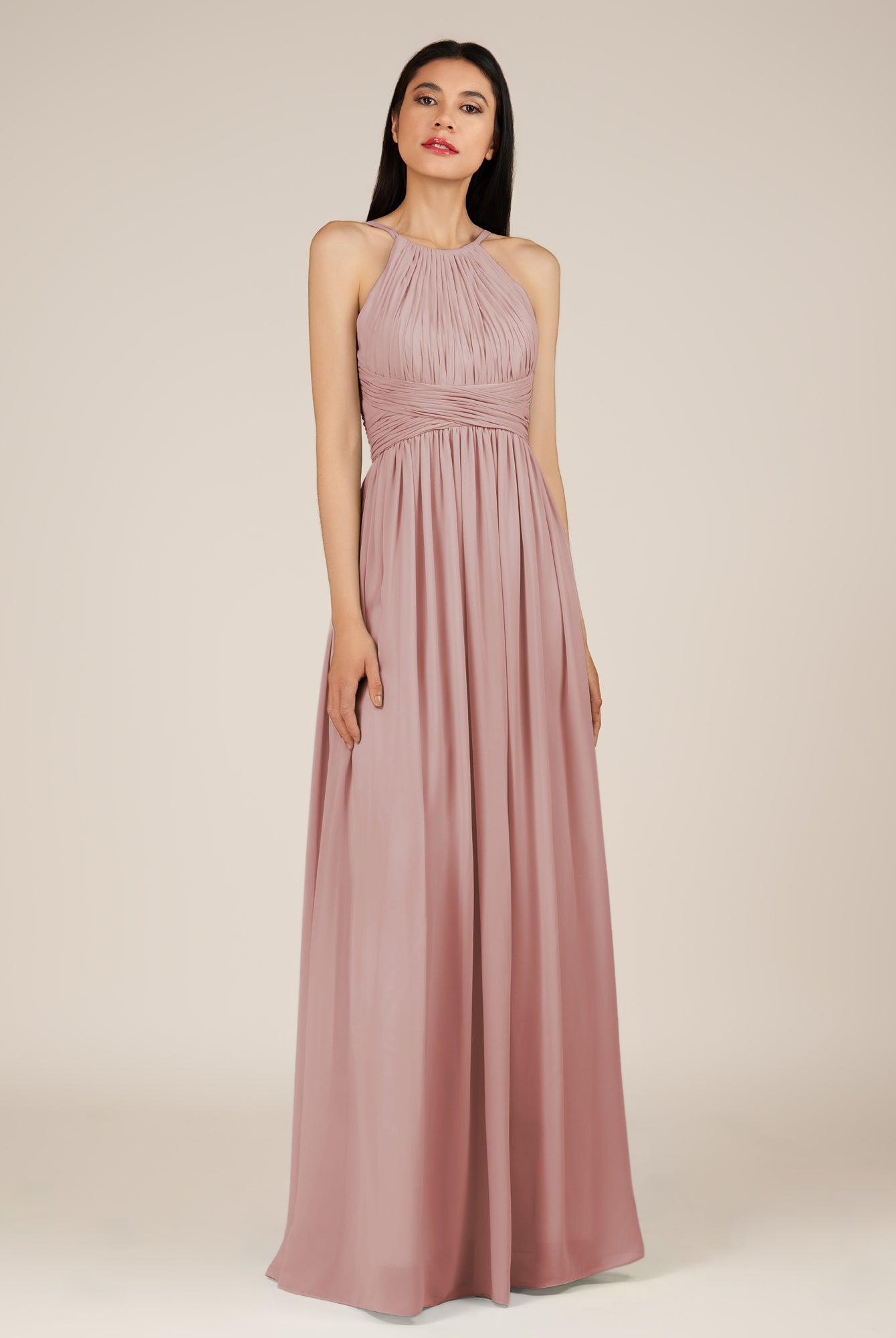 KissDress-Orinthia Dusty Rose A Line Halter Neck Chiffon Long Bridesmaid Dress with Pleats