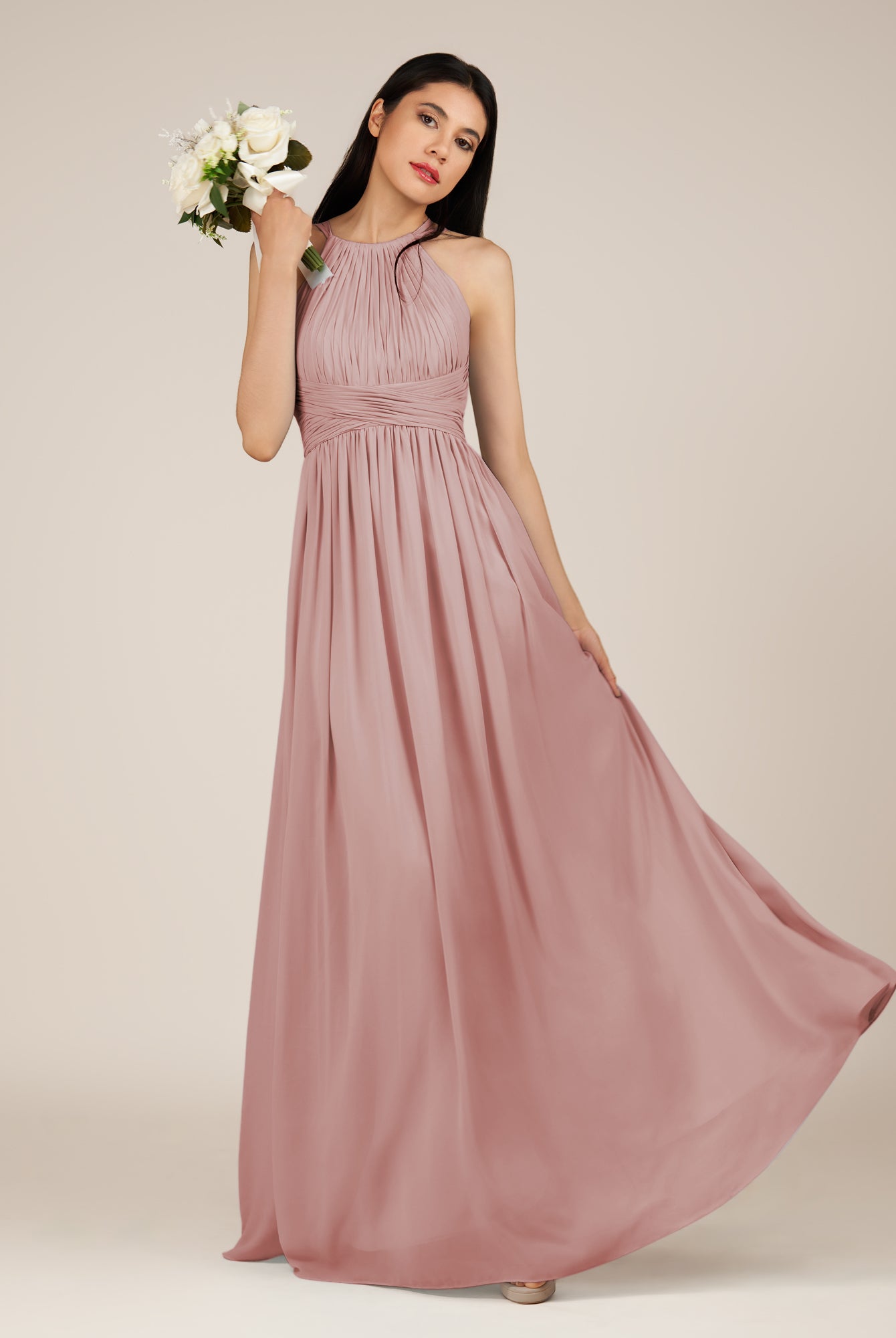 KissDress-Orinthia Dusty Rose A Line Halter Neck Chiffon Long Bridesmaid Dress with Pleats