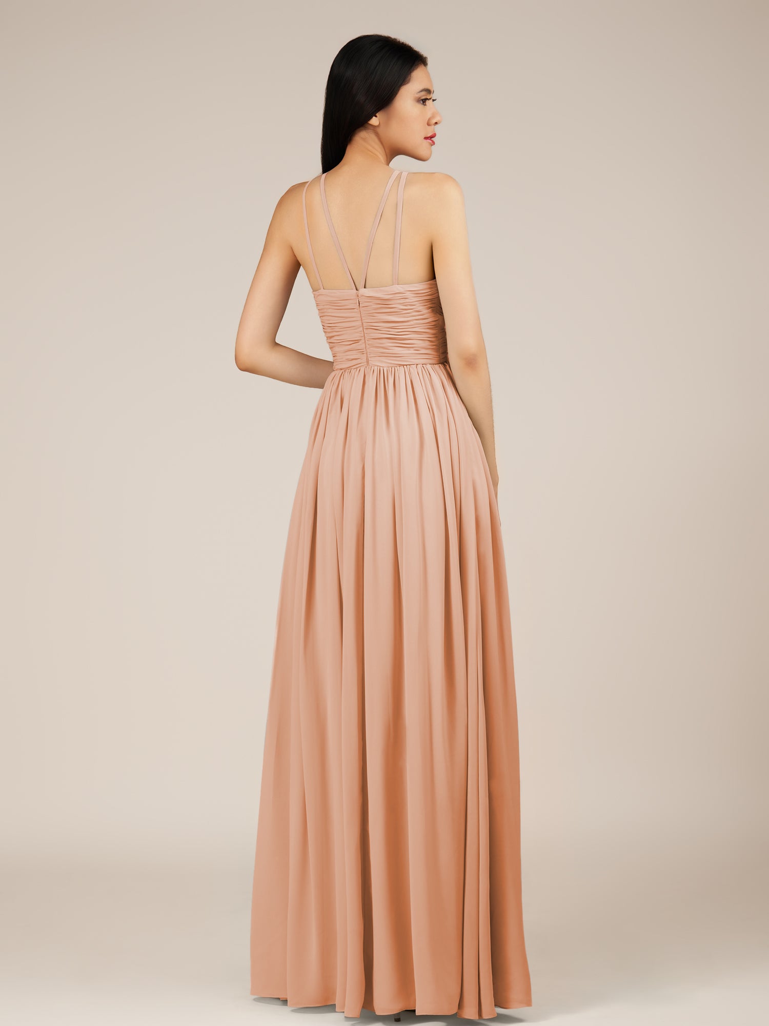 KissDress-Orinthia English Rose A Line Halter Neck Chiffon Long Bridesmaid Dress with Pleats
