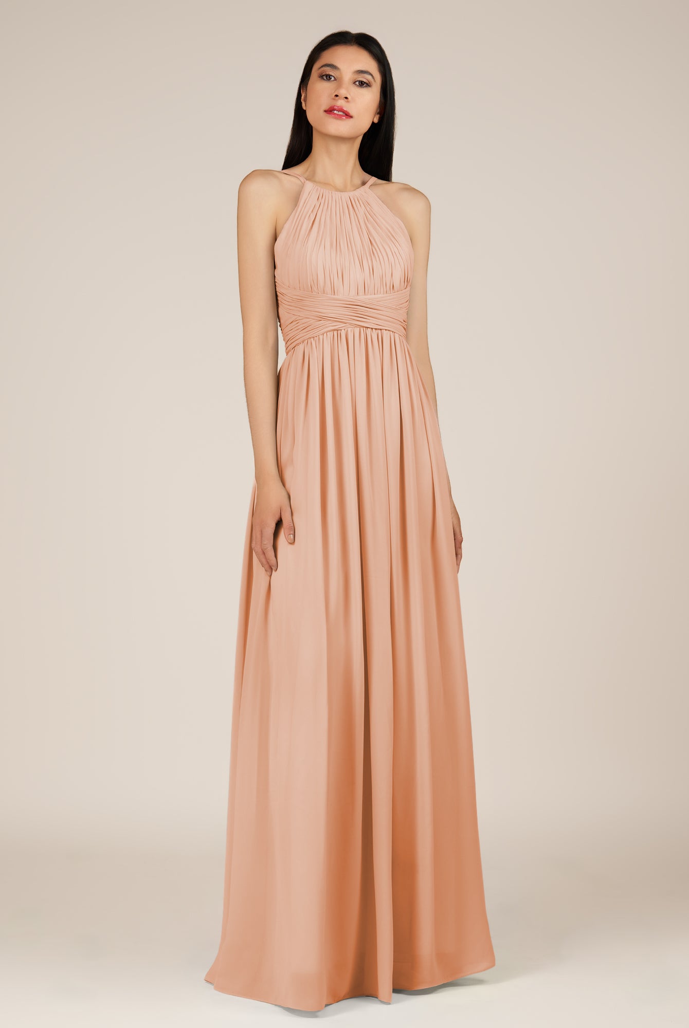 KissDress-Orinthia English Rose A Line Halter Neck Chiffon Long Bridesmaid Dress with Pleats