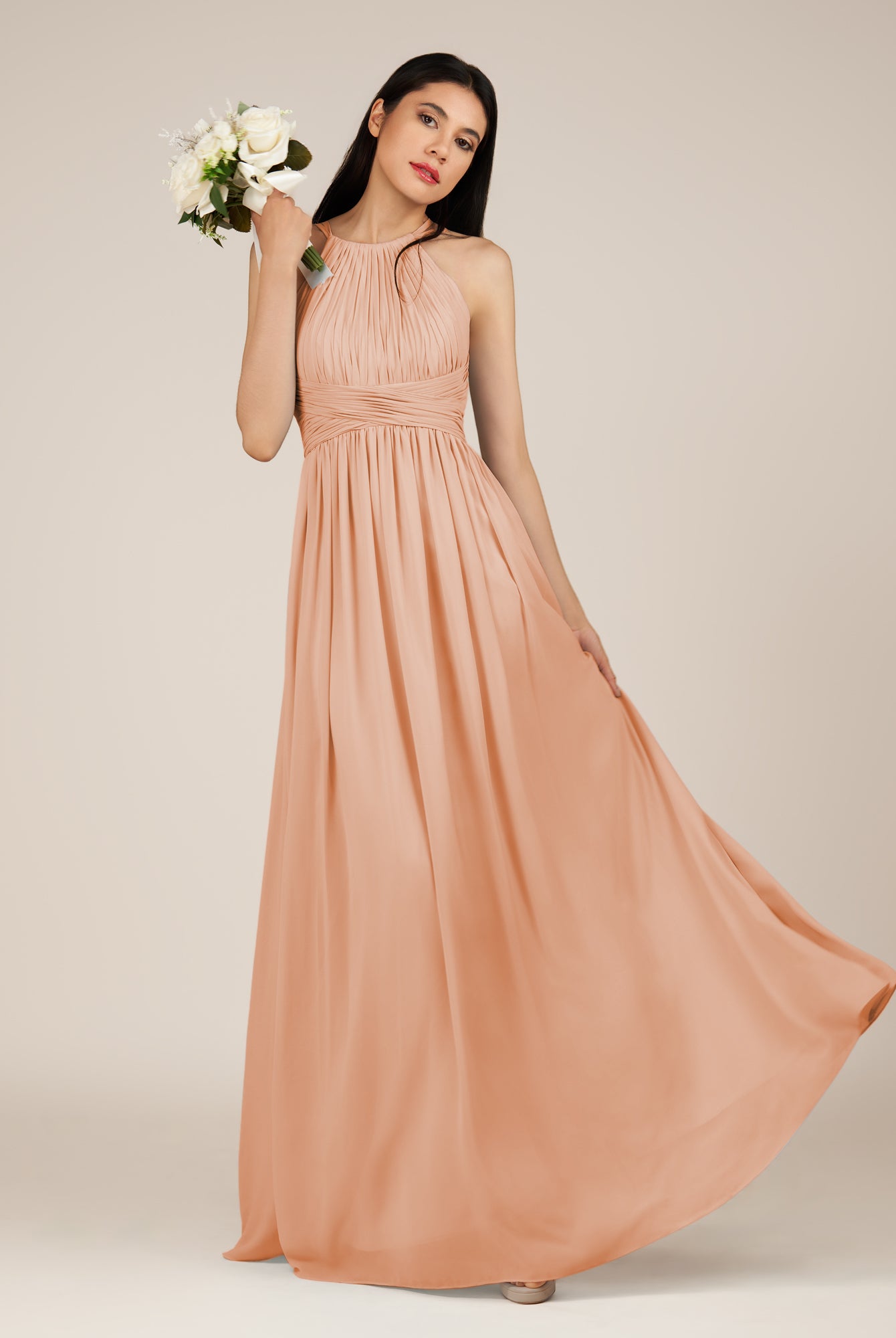 KissDress-Orinthia English Rose A Line Halter Neck Chiffon Long Bridesmaid Dress with Pleats