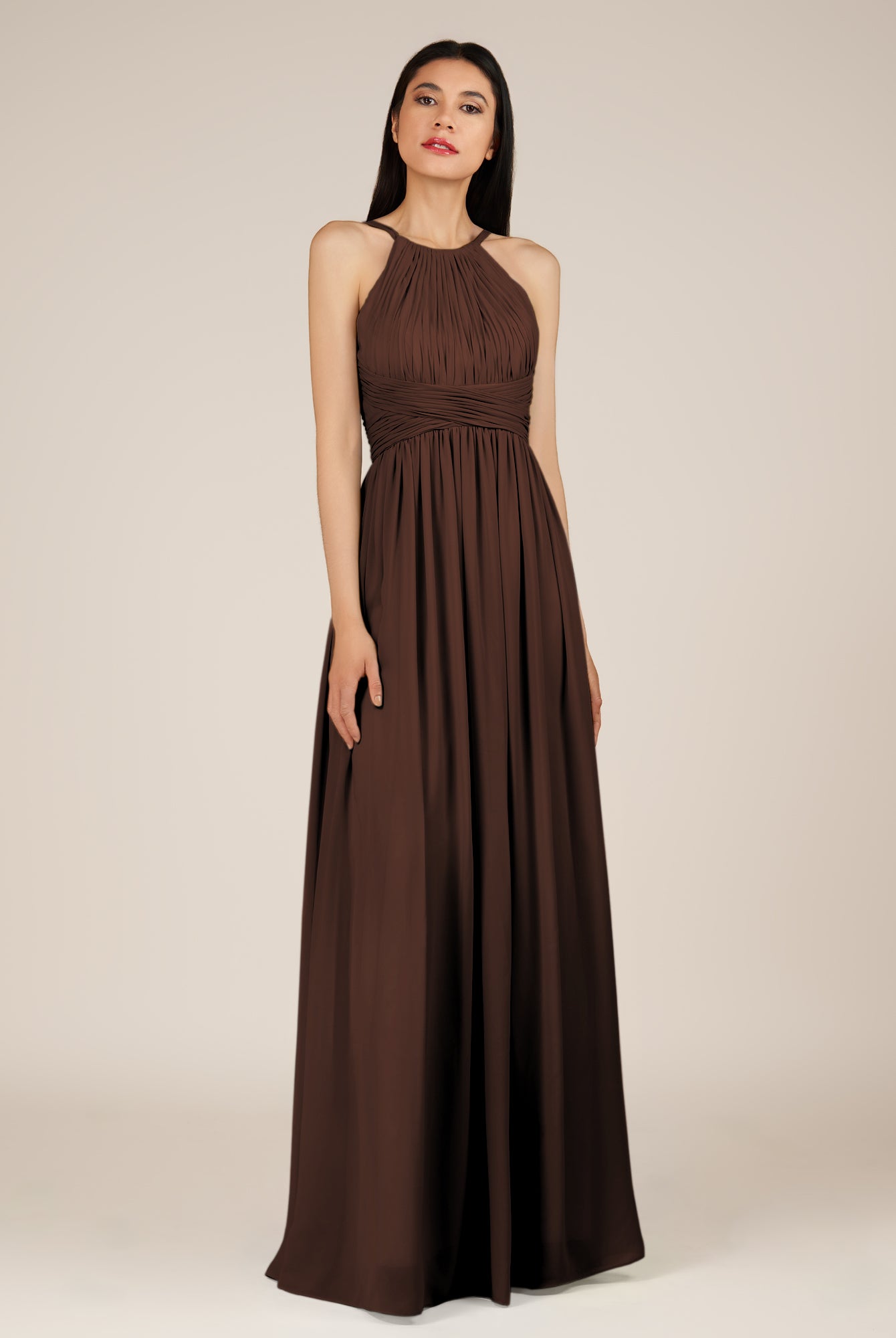 KissDress-Orinthia Espresso A Line Halter Neck Chiffon Long Bridesmaid Dress with Pleats